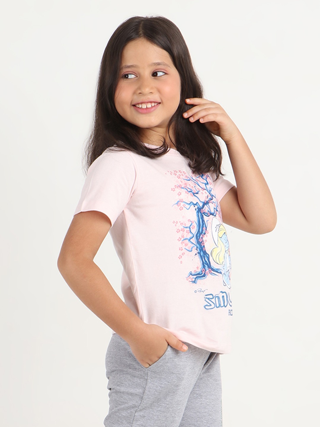 Girls 1 piece chest printed T-shirt- Soft Pink
