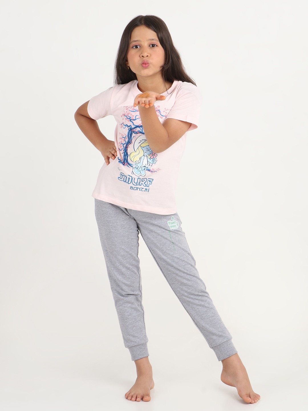 Girls 1 piece chest printed T-shirt- Soft Pink