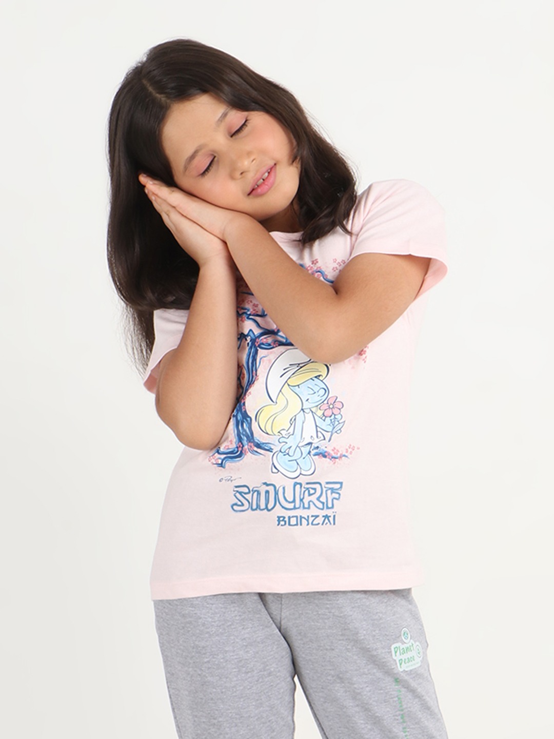 Girls 1 piece chest printed T-shirt- Soft Pink