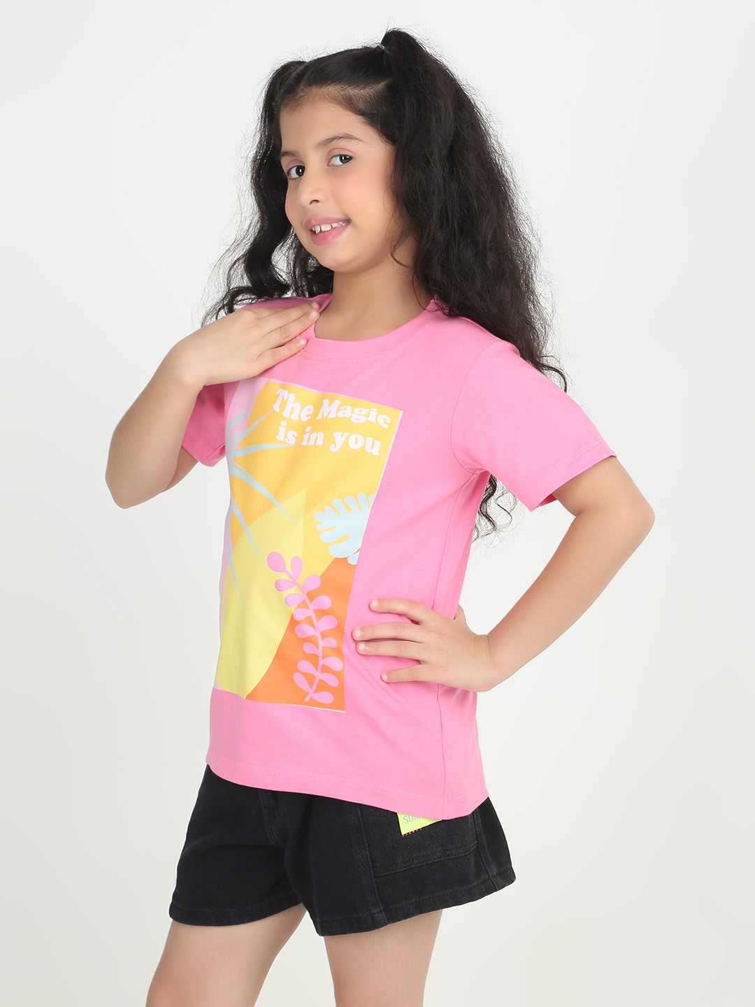 Girls 1 piece chest printed T-shirt- Pink
