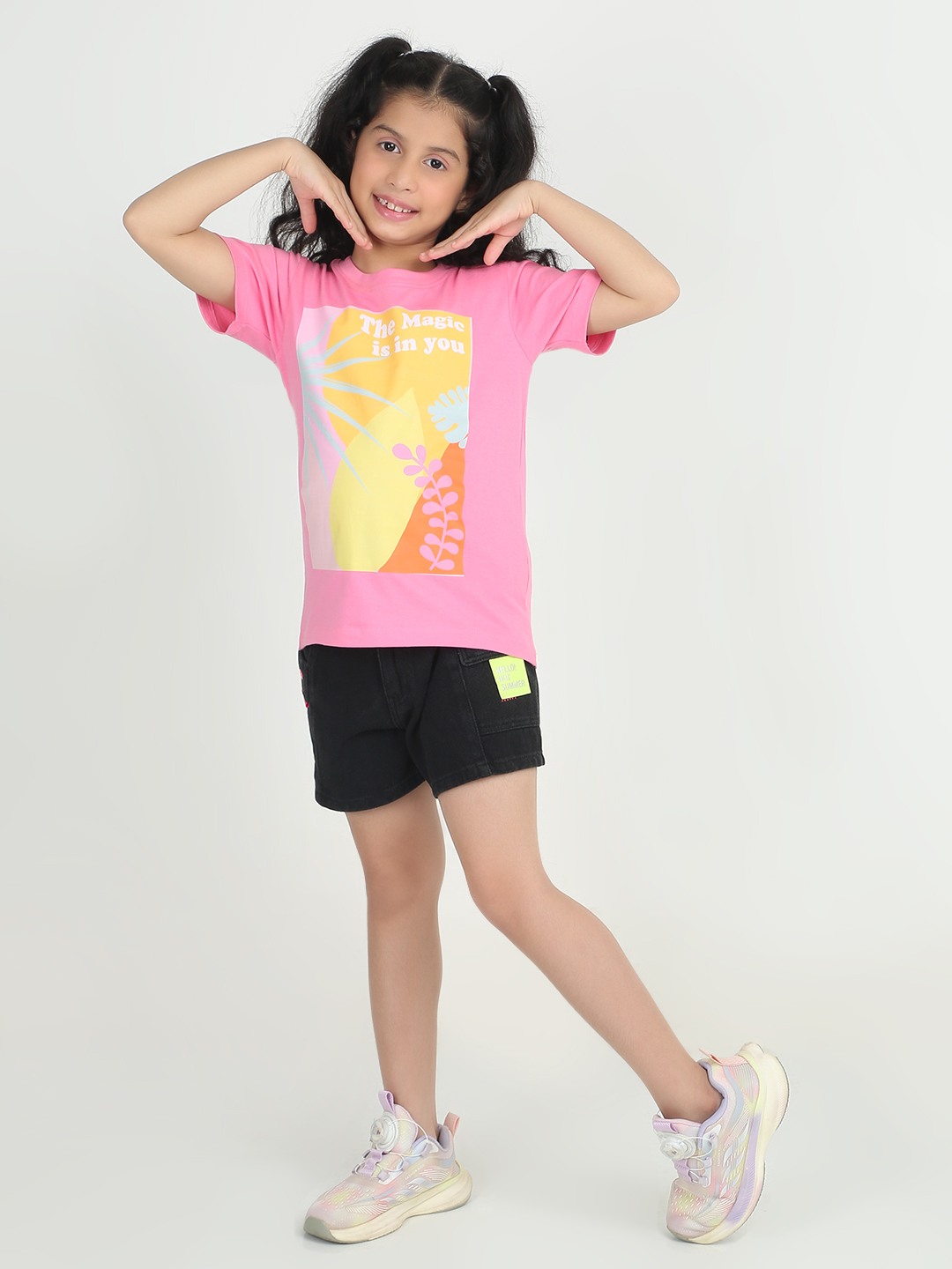 Girls 1 piece chest printed T-shirt- Pink