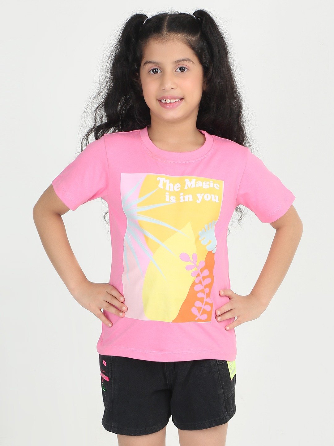 Girls 1 piece chest printed T-shirt- Pink