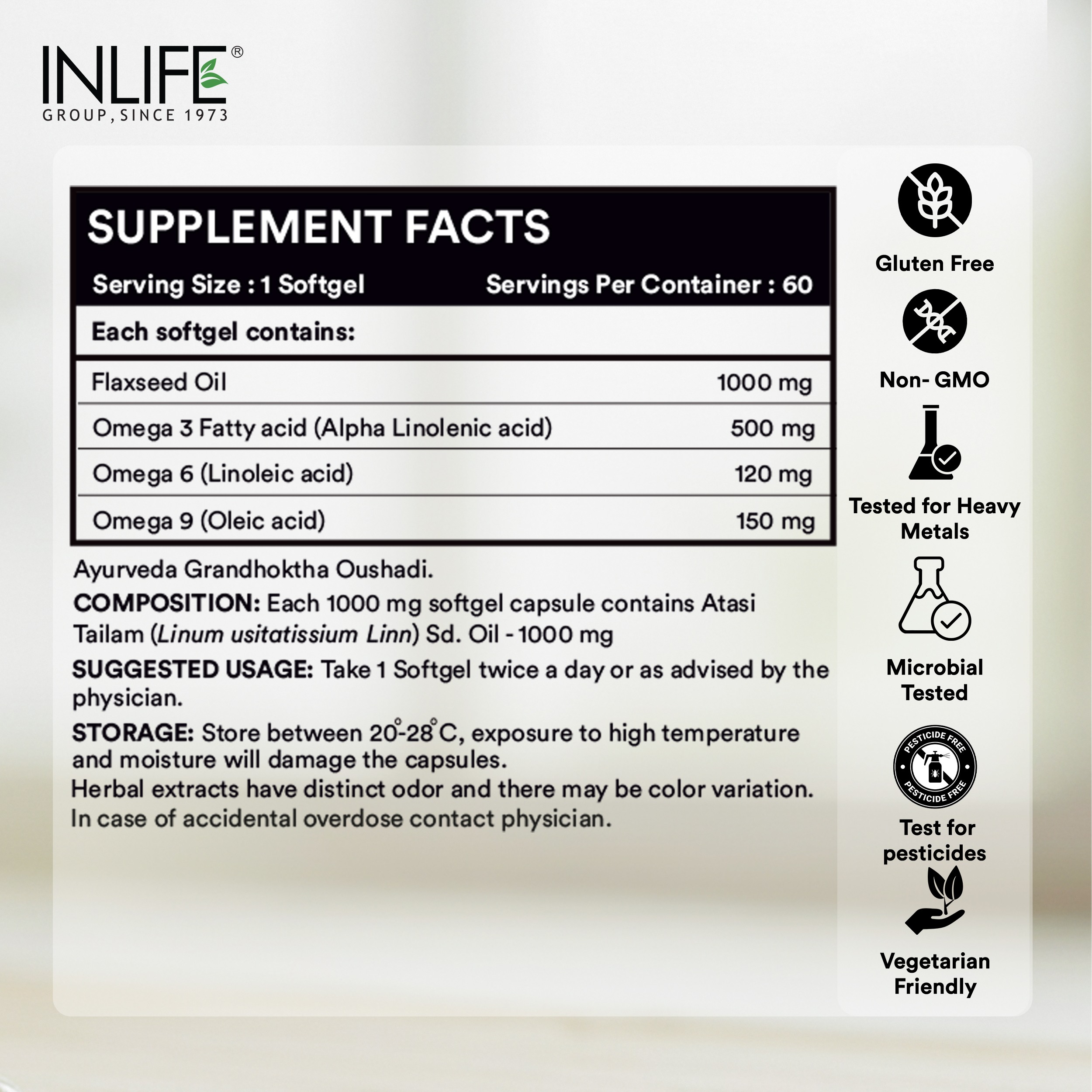 Inlife | Flaxseed Oil Capsules 1000mg | Omega 3 6 9 from Extra Virgin Cold Pressed Oil for Heart & Brain Health | 60 Softgels