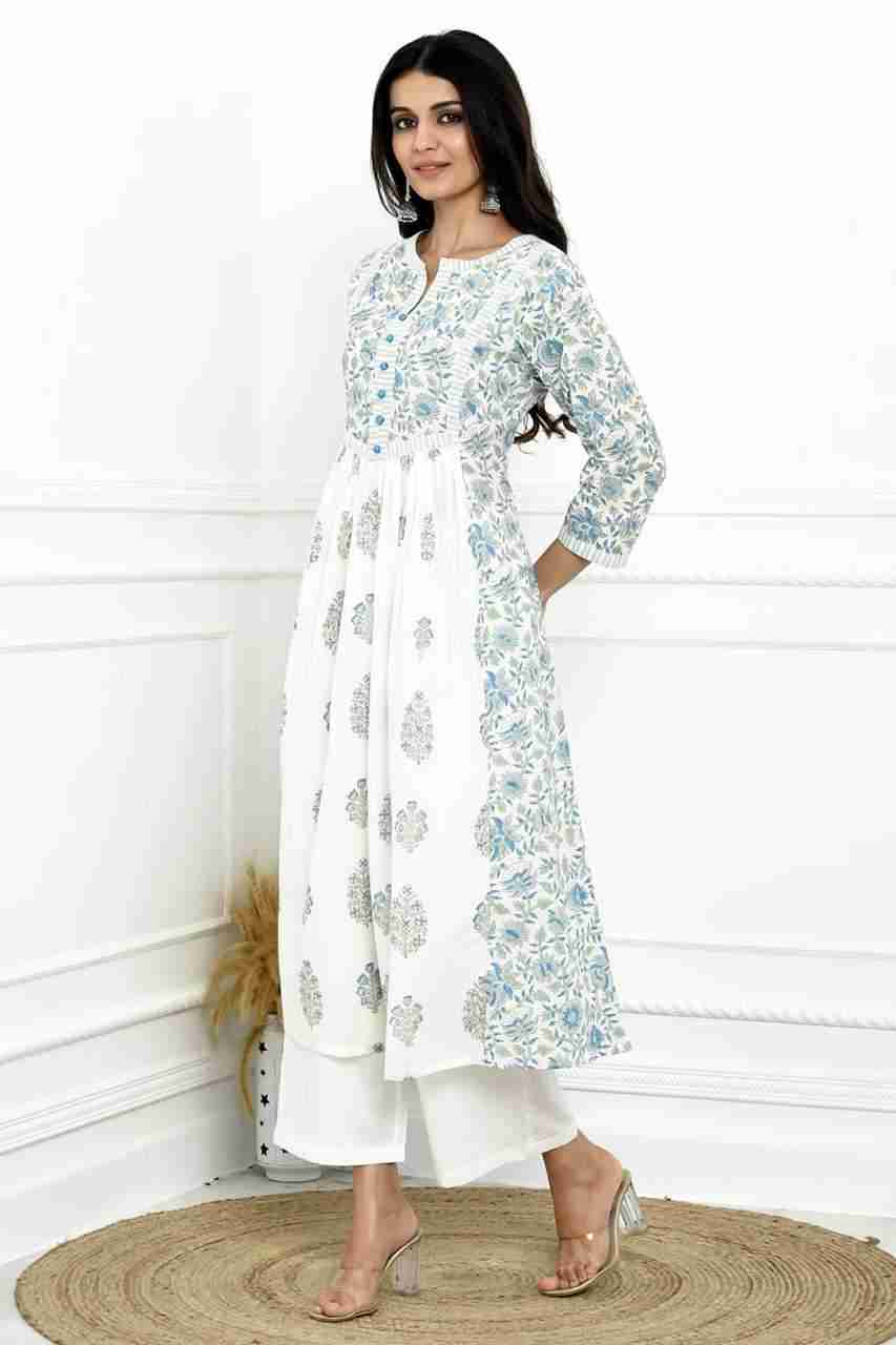 Naksh White And Blue Cotton Printed Gathered Kurta