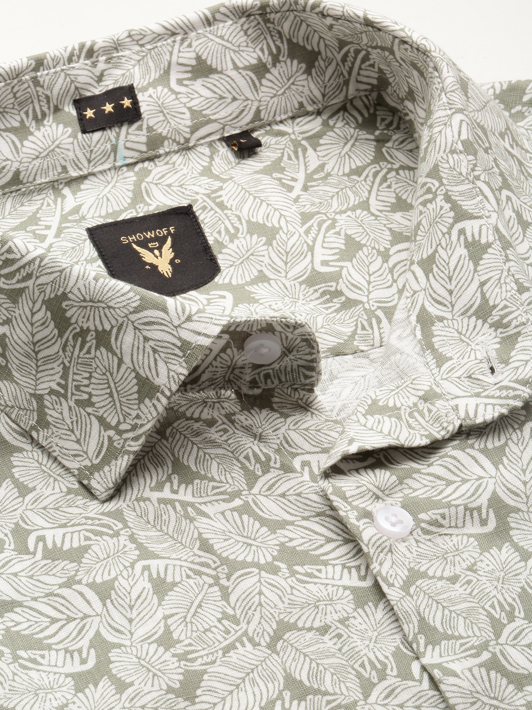 SHOWOFF Men's Spread Collar Green Slim Fit Printed Shirt