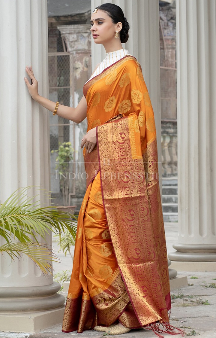 Indio Lebensstil | Jacquard Yellow Banarasi Silk Saree with Blouse Piece 0