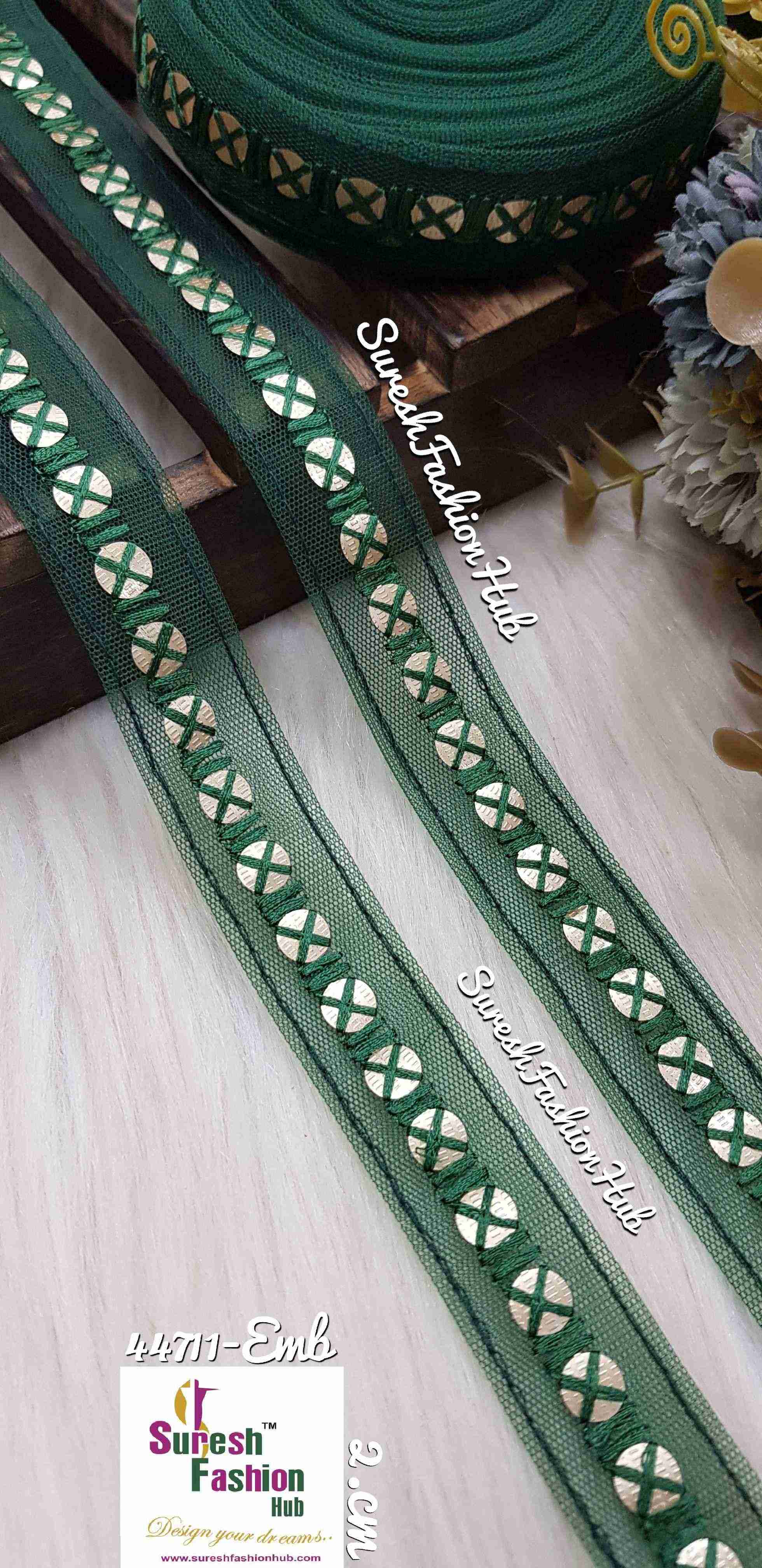 BOTTLE GREEN Net Touch Sequin Thread Lace