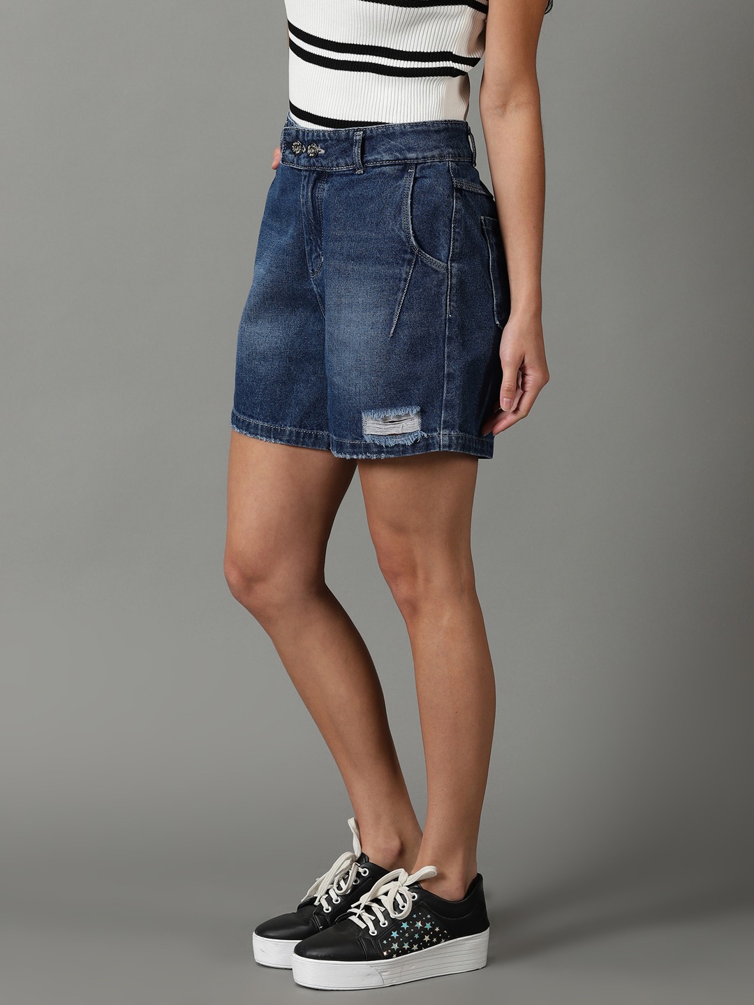 SHOWOFF Women's Regular Fit Above Knee Solid Blue Shorts