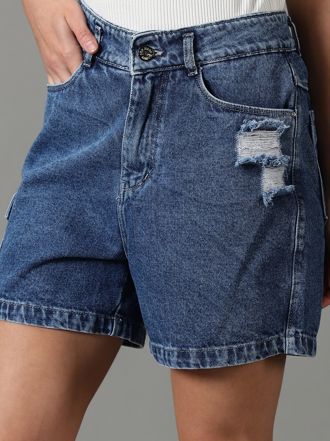 Showoff | SHOWOFF Women's Loose Fit Above Knee Solid Blue Shorts 5