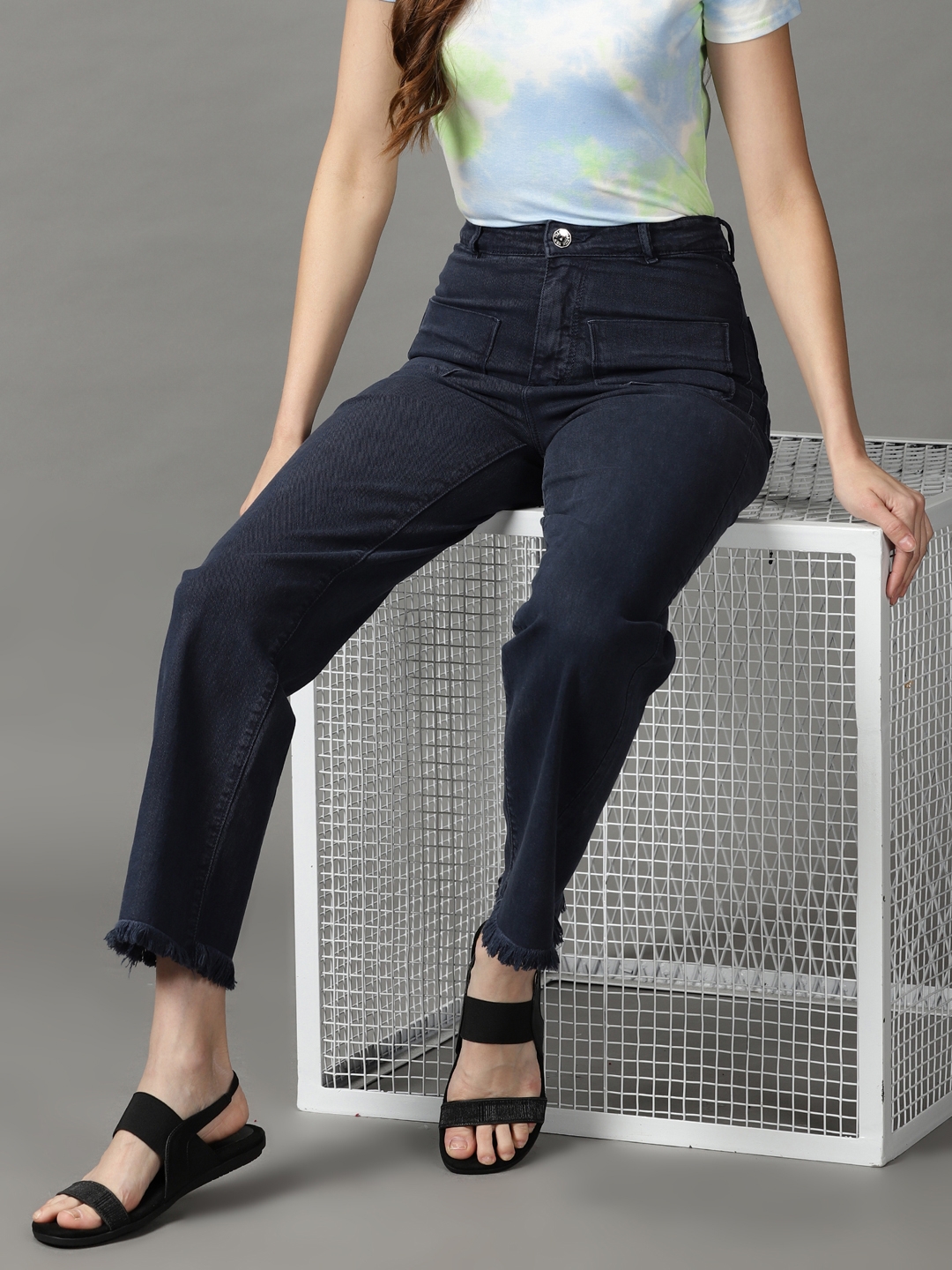 Showoff | SHOWOFF Women Navy Blue Solid  Wide Leg Jeans 0