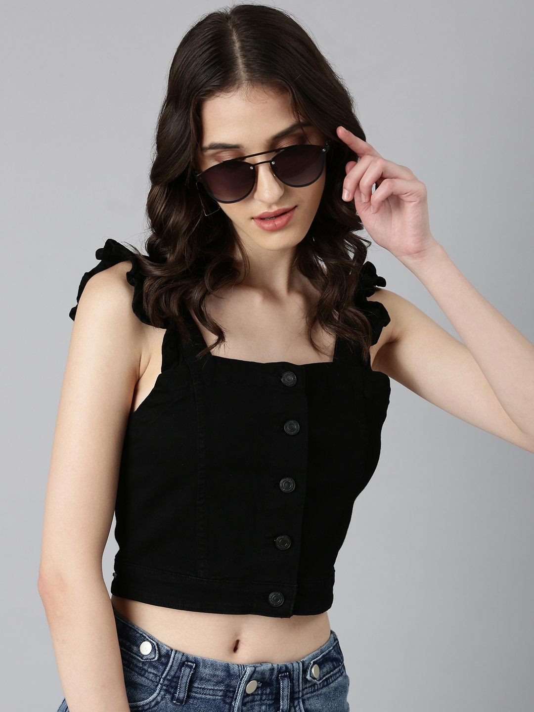 SHOWOFF Women's Shoulder Straps Solid Black Bralette Crop Top
