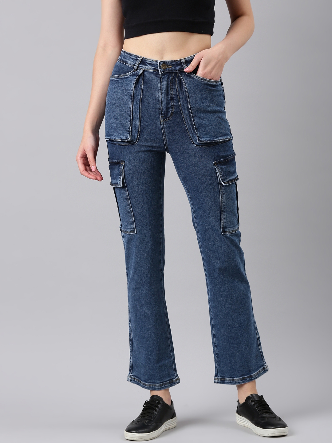 Buy SHOWOFF Women Clean Look Mid-Rise Blue Denim Cargo Jeans online