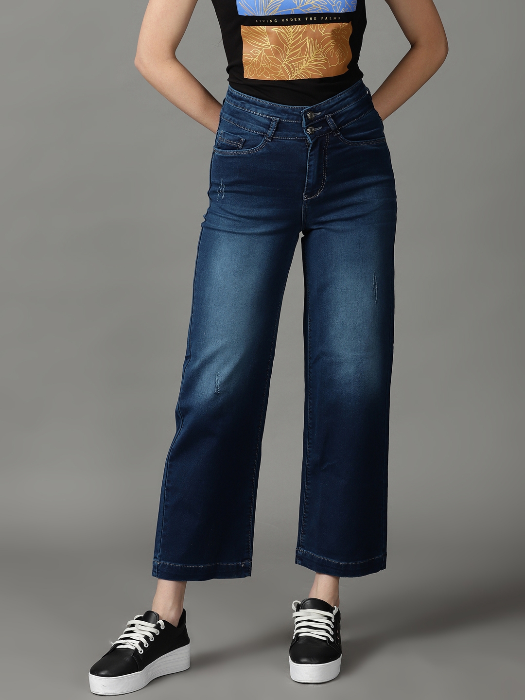 Showoff | SHOWOFF Women Navy Blue Solid  Straight Fit Jeans 1