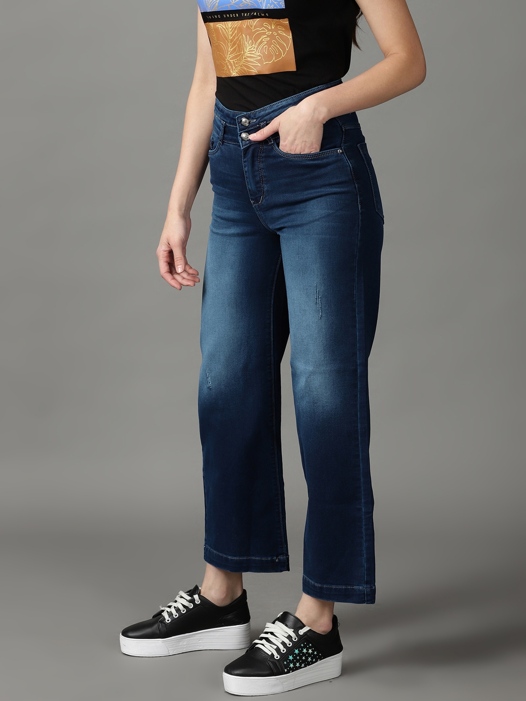 Showoff | SHOWOFF Women Navy Blue Solid  Straight Fit Jeans 2