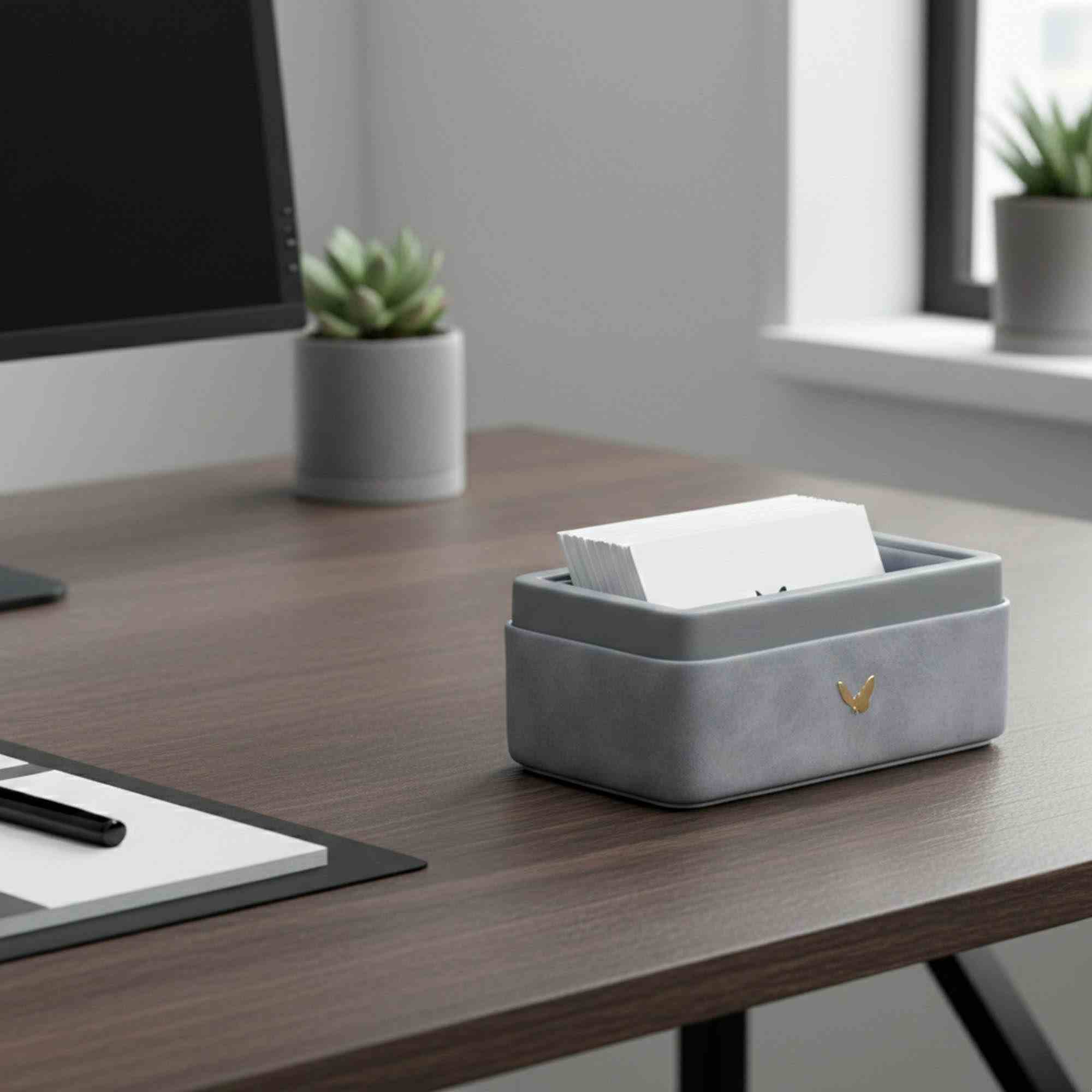 Visiting Card Holder for Desk | Faux Leather | Rectangular | Moderno | Grey