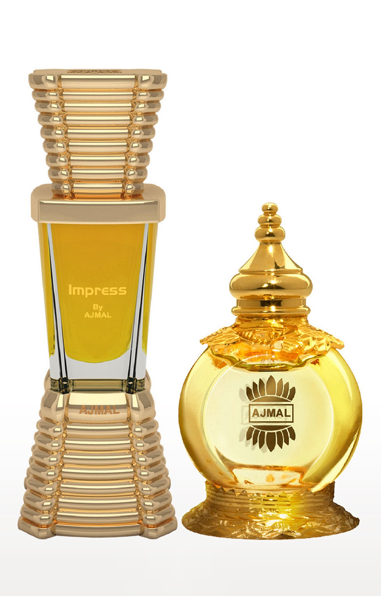 Ajmal Impress Concentrated Perfume Oil Alcohol-free Attar 10ml for Men and Mukhallat AL Wafa Concentrated Perfume Oil Oriental Musky Alcohol-free Attar 12ml for Unisex