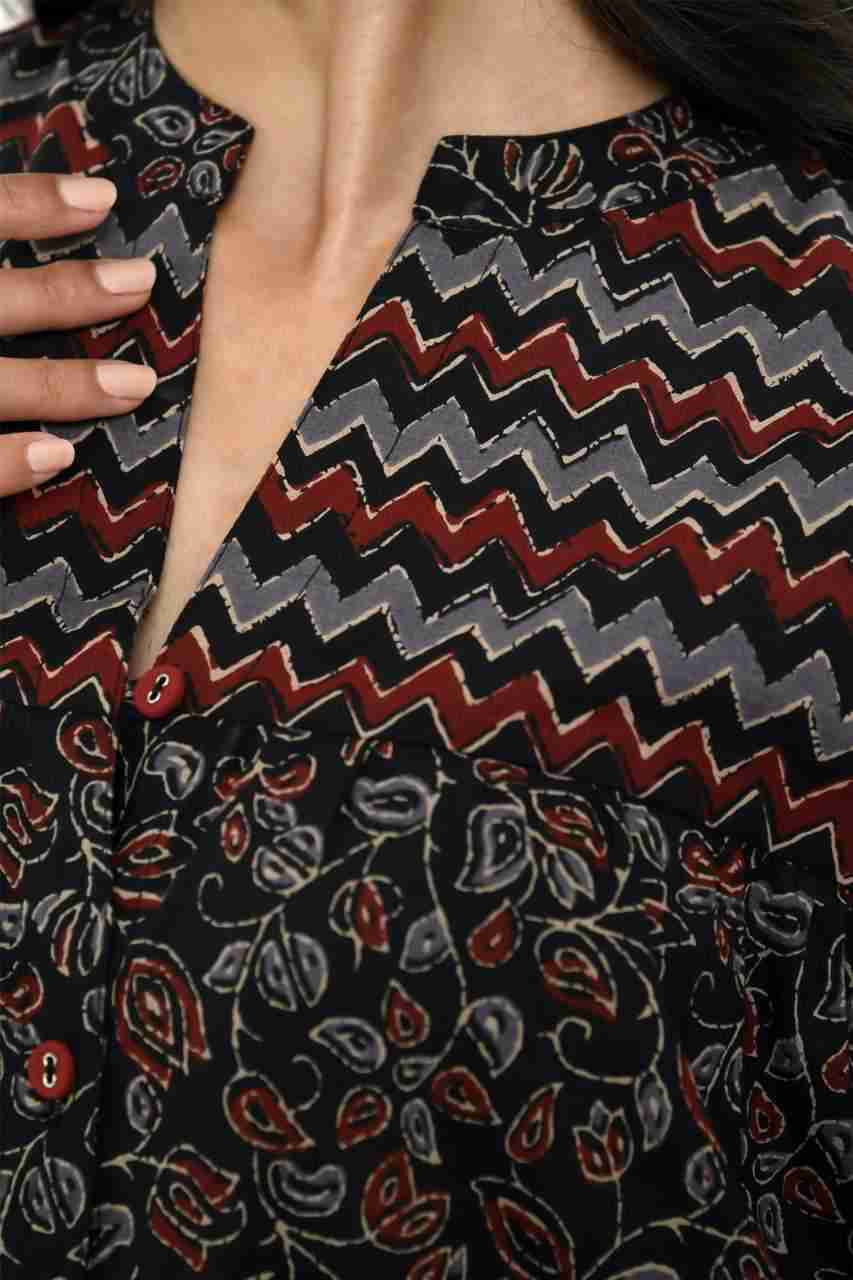 Naksh Black And Red Ajrakh Print Kurta With Zigzag Yoke