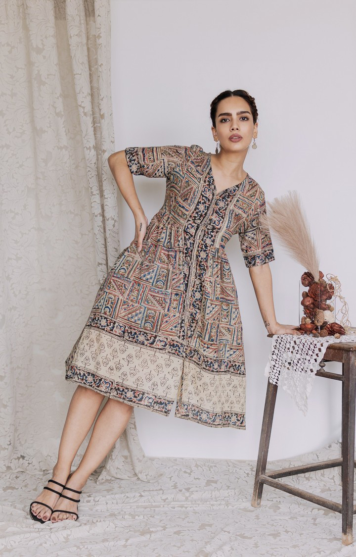 Women's Multi Cotton Printed Fit & Flare Dress