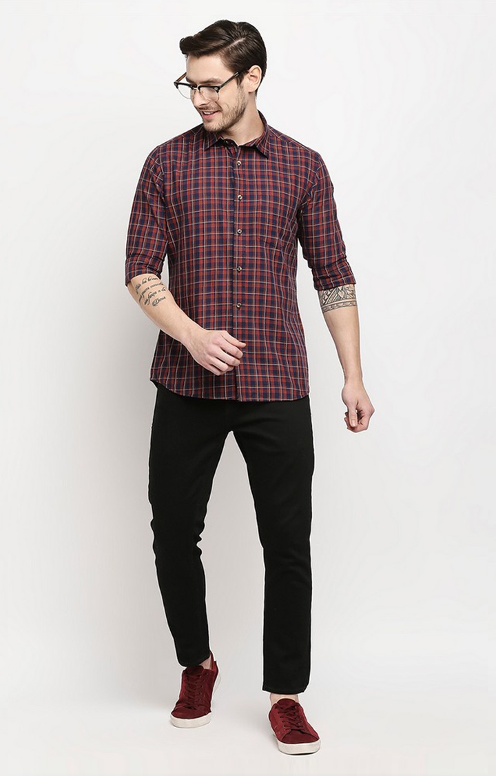 EVOQ | Evoq Red and Ochre Plaid Checks Cotton Casual Shirt for Men 1