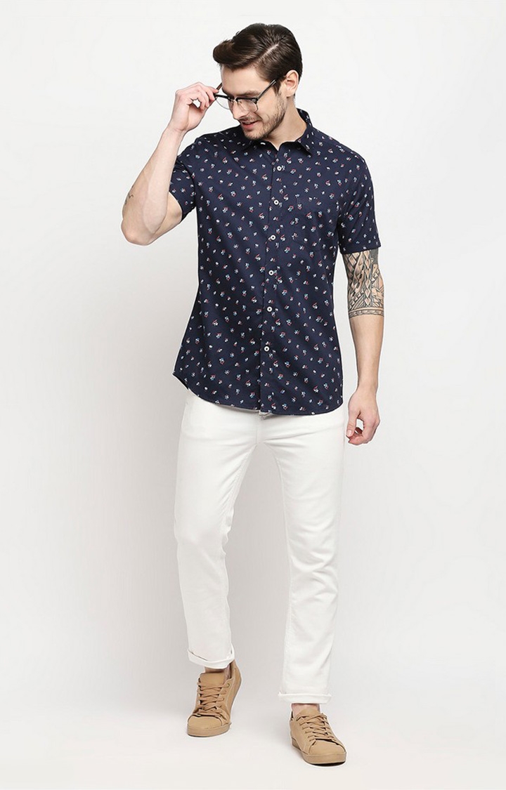 EVOQ | Evoq Navy Blue Regular Fit Printed Cotton Casual Shirt for Men 1