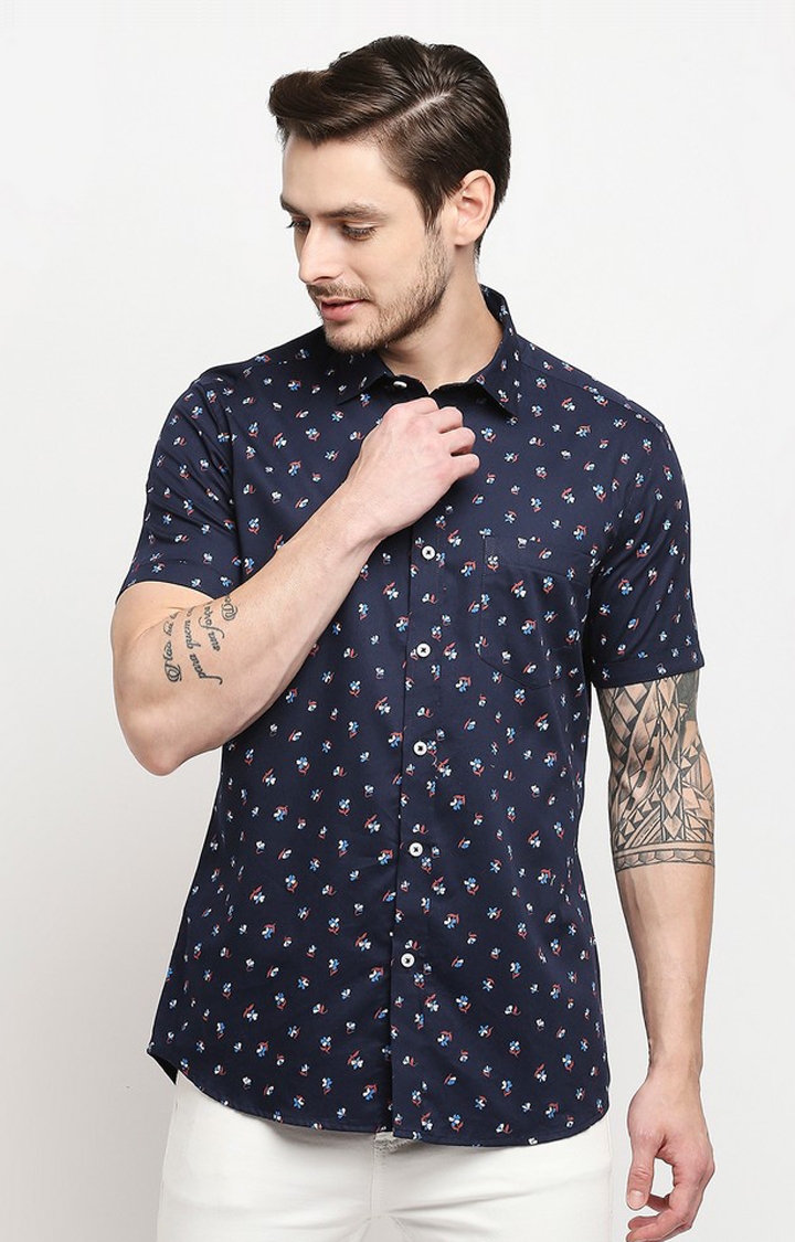 EVOQ | Evoq Navy Blue Regular Fit Printed Cotton Casual Shirt for Men 0