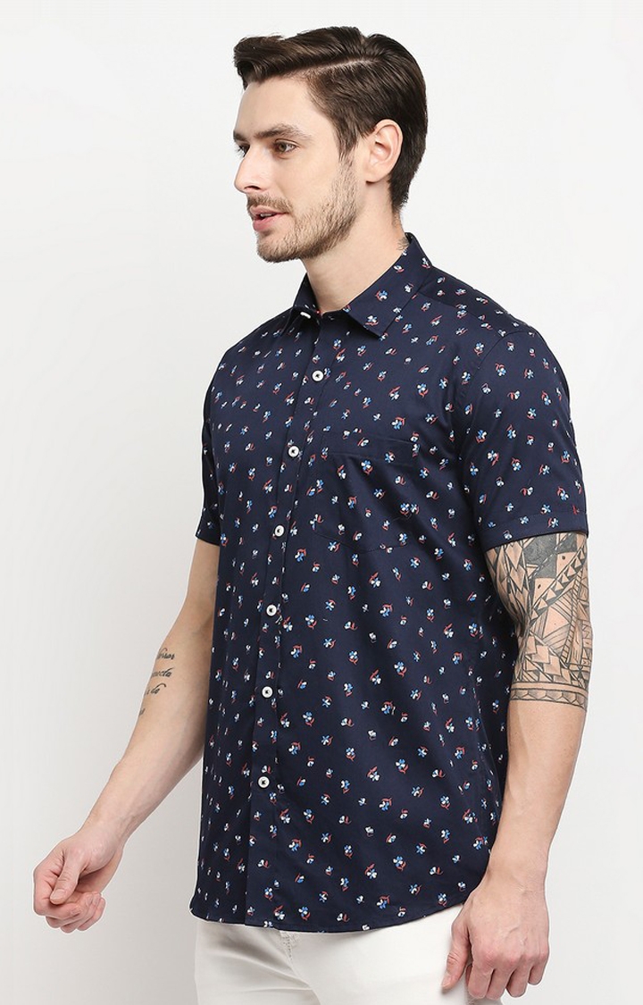 EVOQ | Evoq Navy Blue Regular Fit Printed Cotton Casual Shirt for Men 3