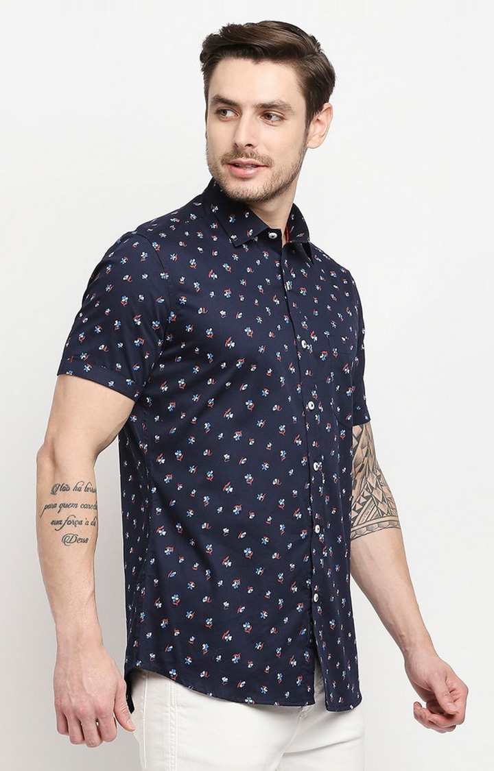 EVOQ | Evoq Navy Blue Regular Fit Printed Cotton Casual Shirt for Men 2
