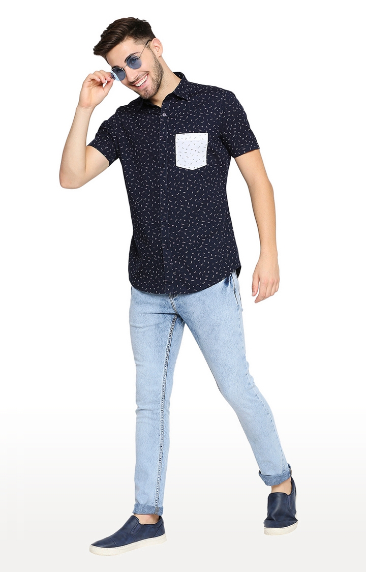 EVOQ | EVOQ Half Sleeves Cotton Blue Printed Semi-Casual Shirt with Stylish Pocket for Men 1