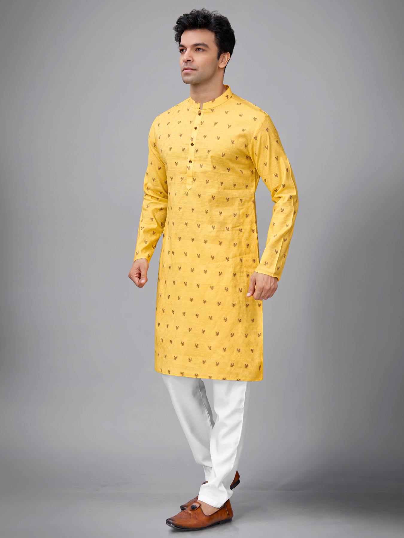 Yellow Haldi Leaf Motif Kurta Set