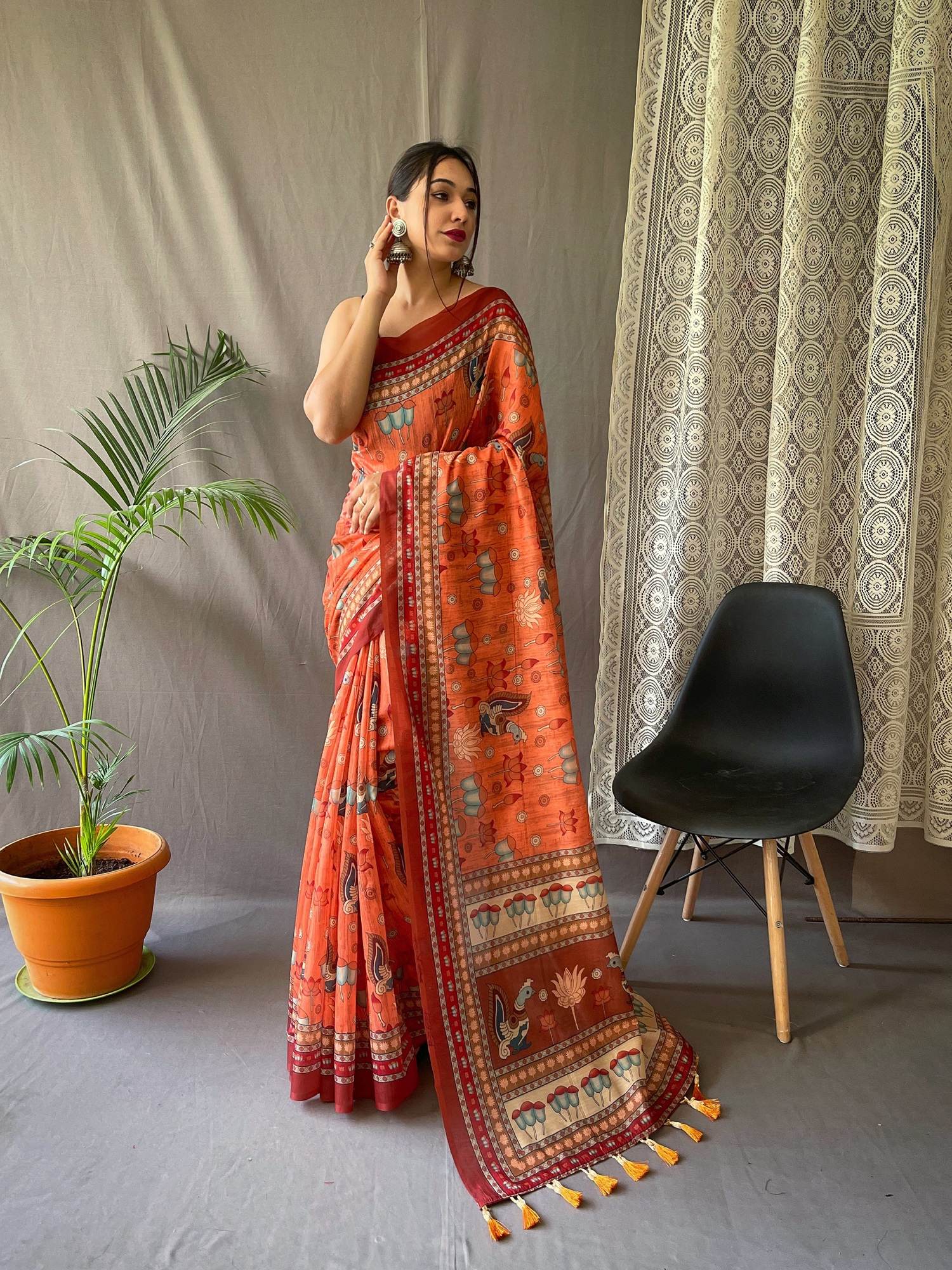 Tasarika Women Cotton Pure malai Cotton Kalamkari Prints Orange Saree kadambari_Orange