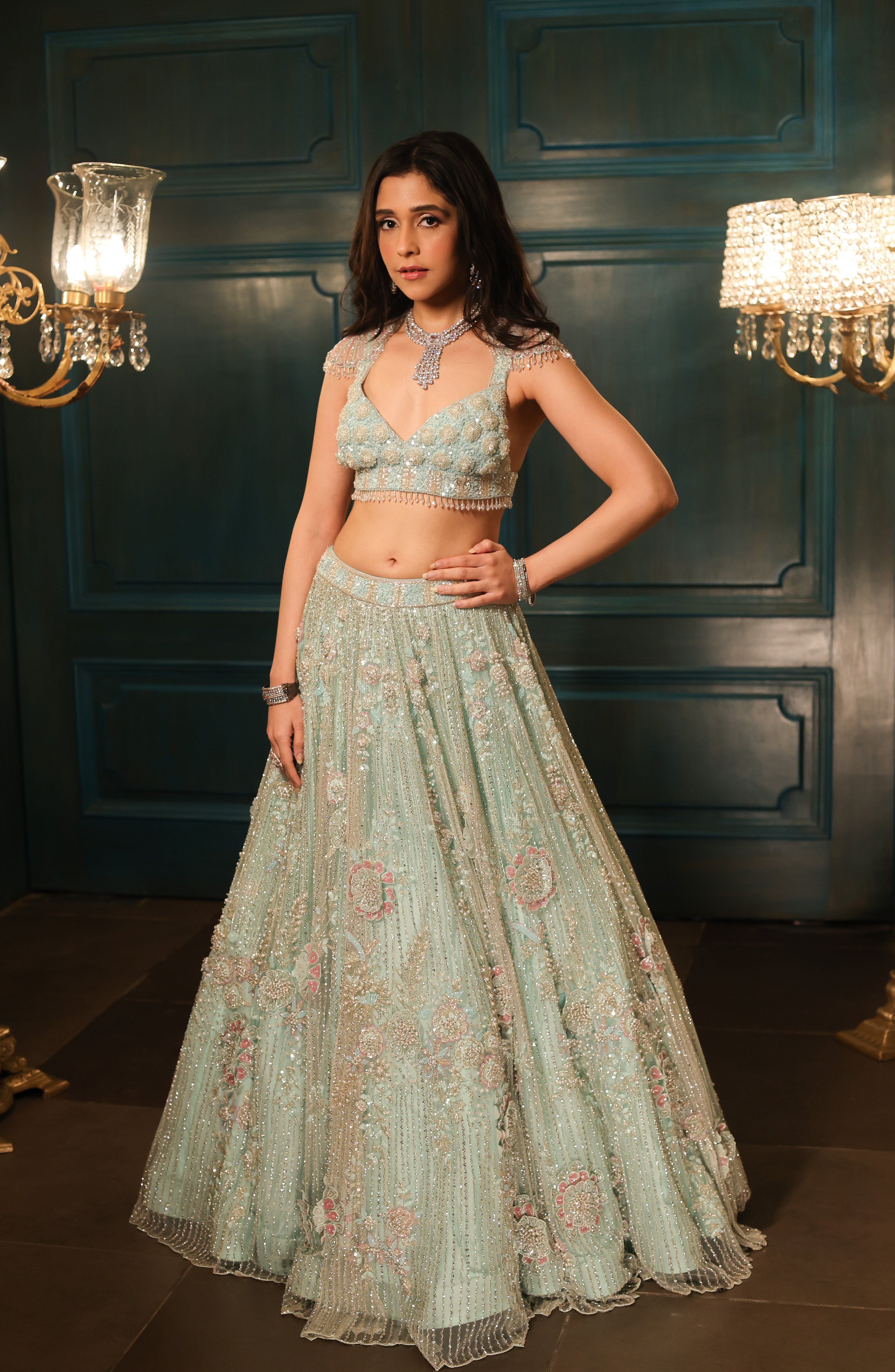 Sea Green 3D Floral Lehenga