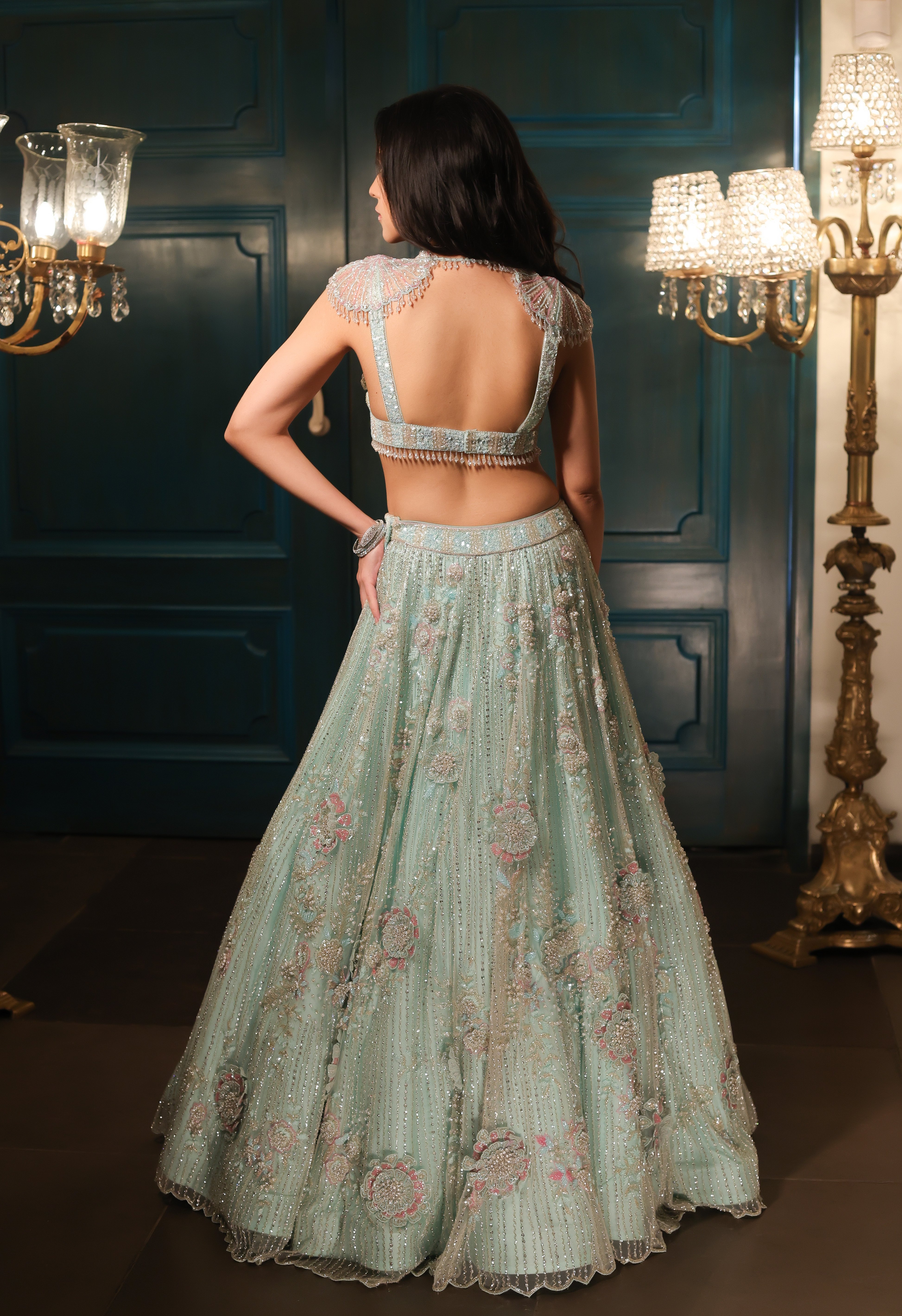 Sea Green 3D Floral Lehenga