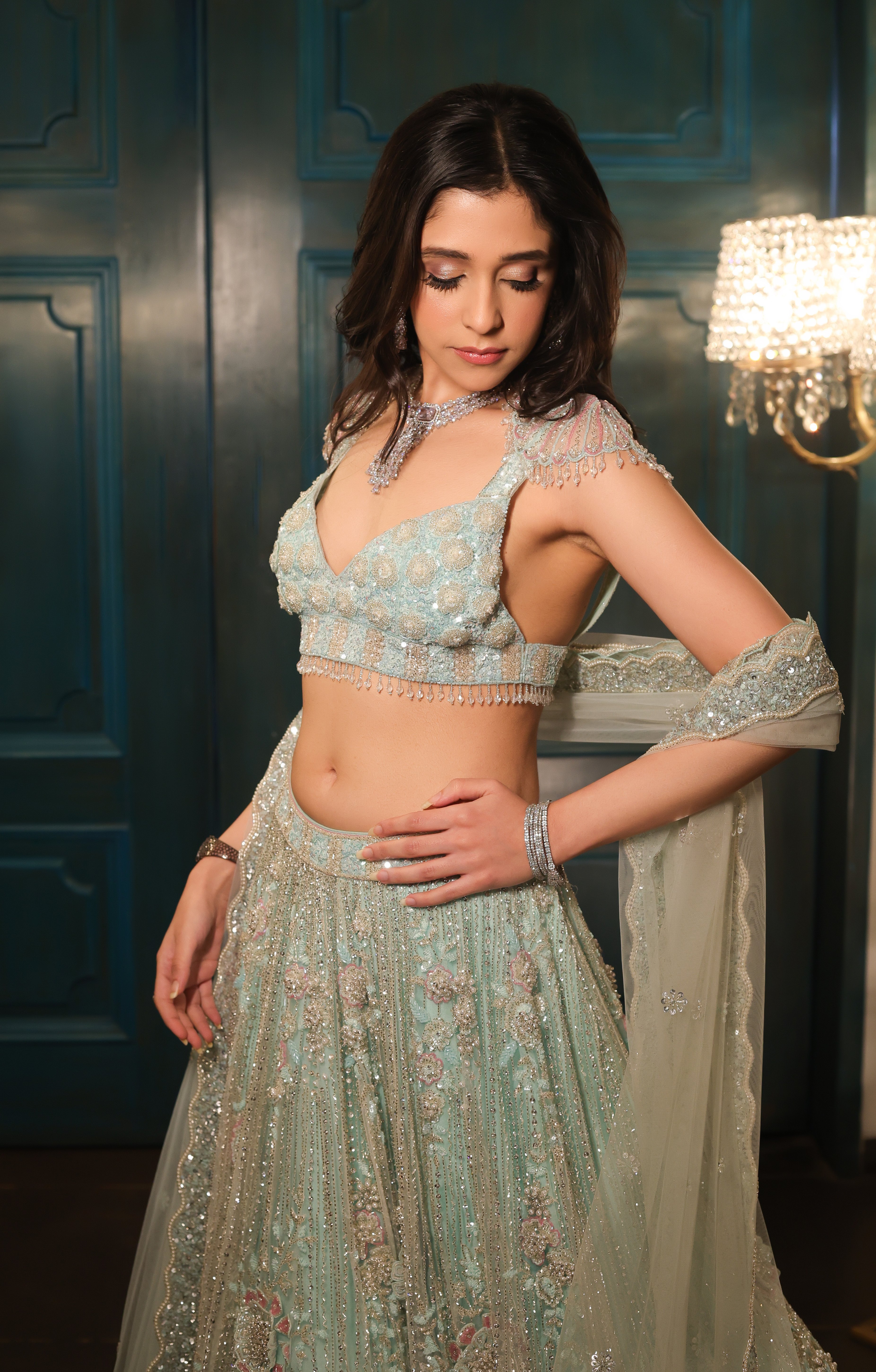 Sea Green 3D Floral Lehenga