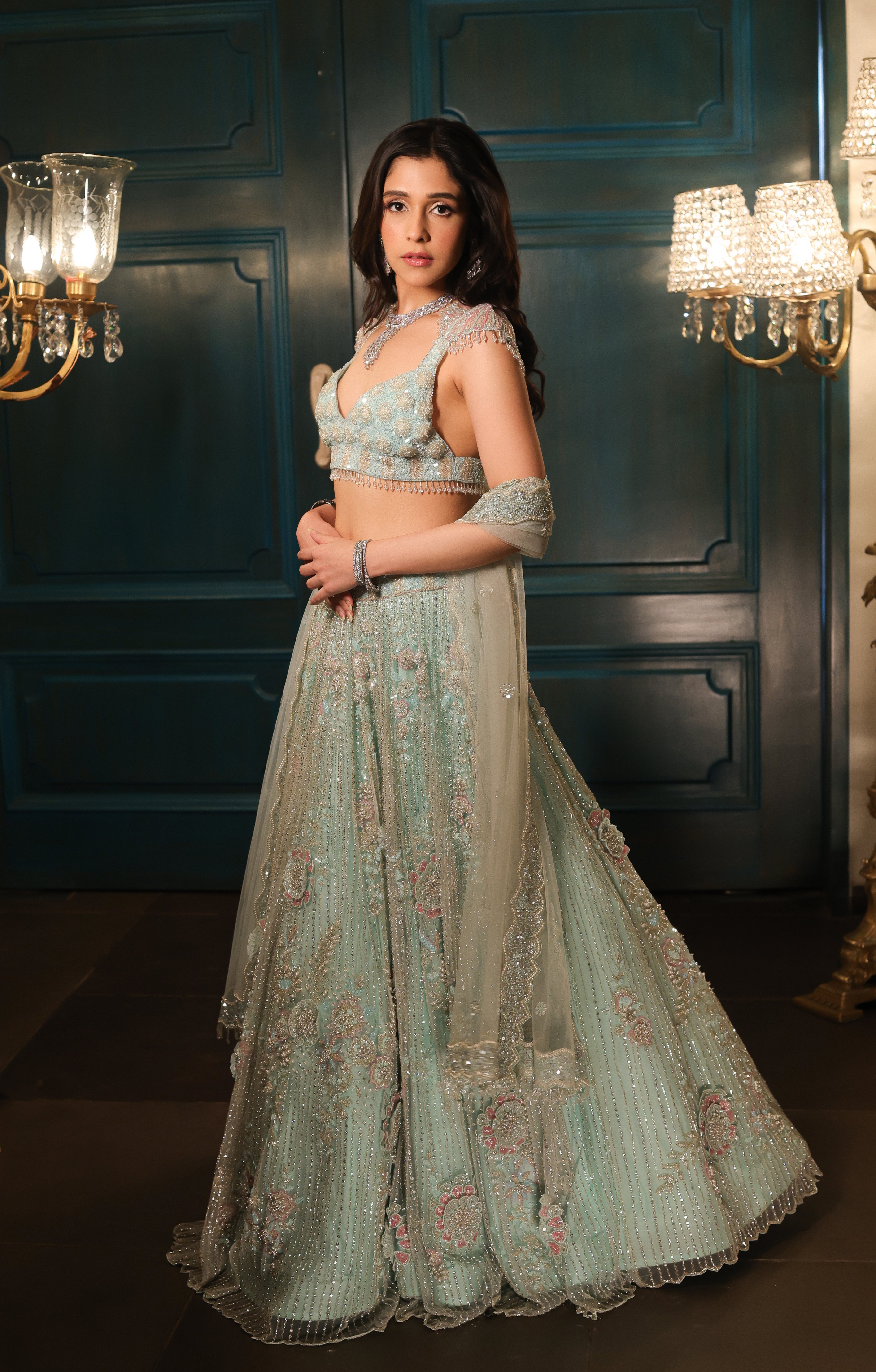 Sea Green 3D Floral Lehenga