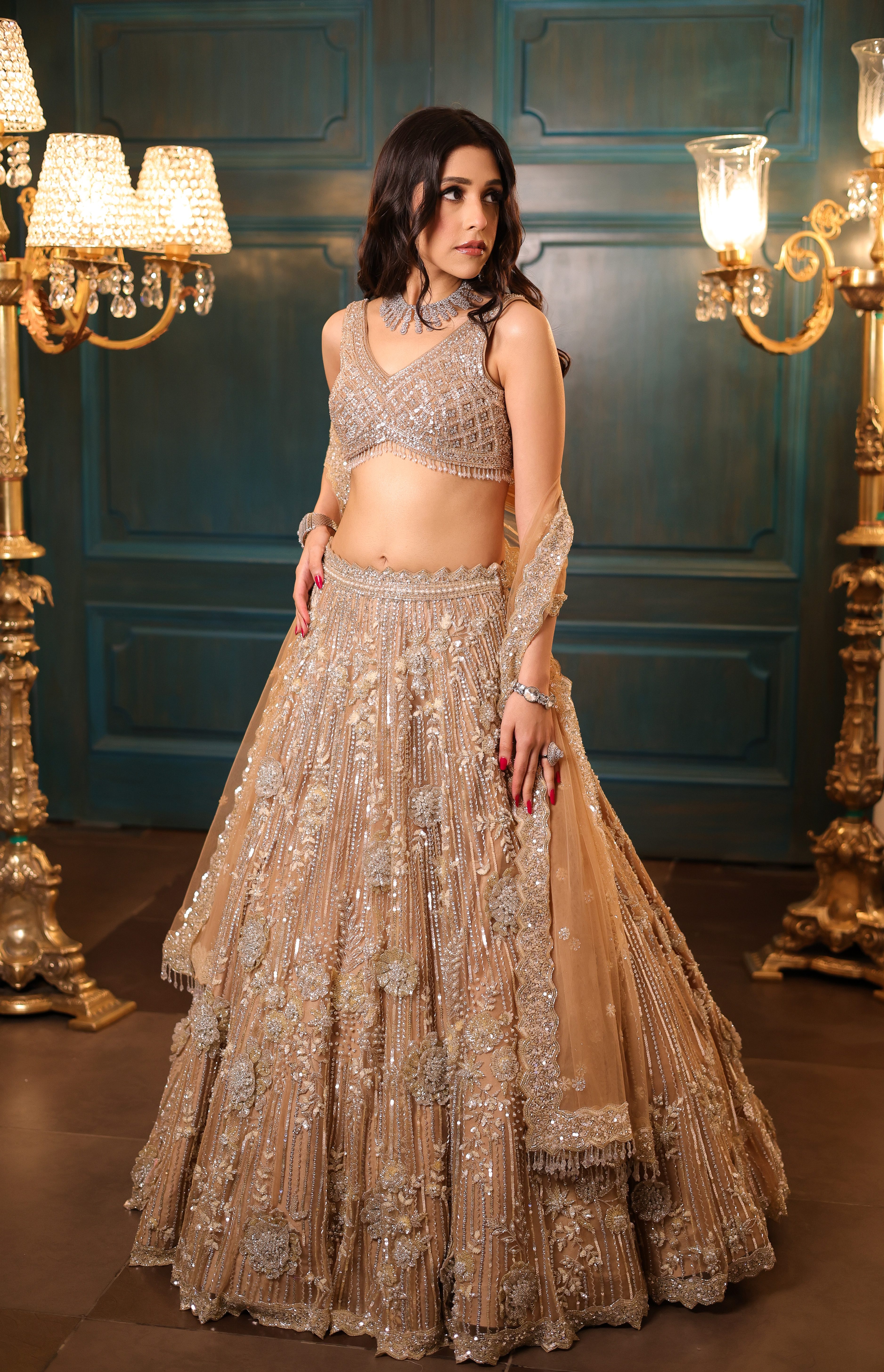 Light Gold 3D Floral Lehenga