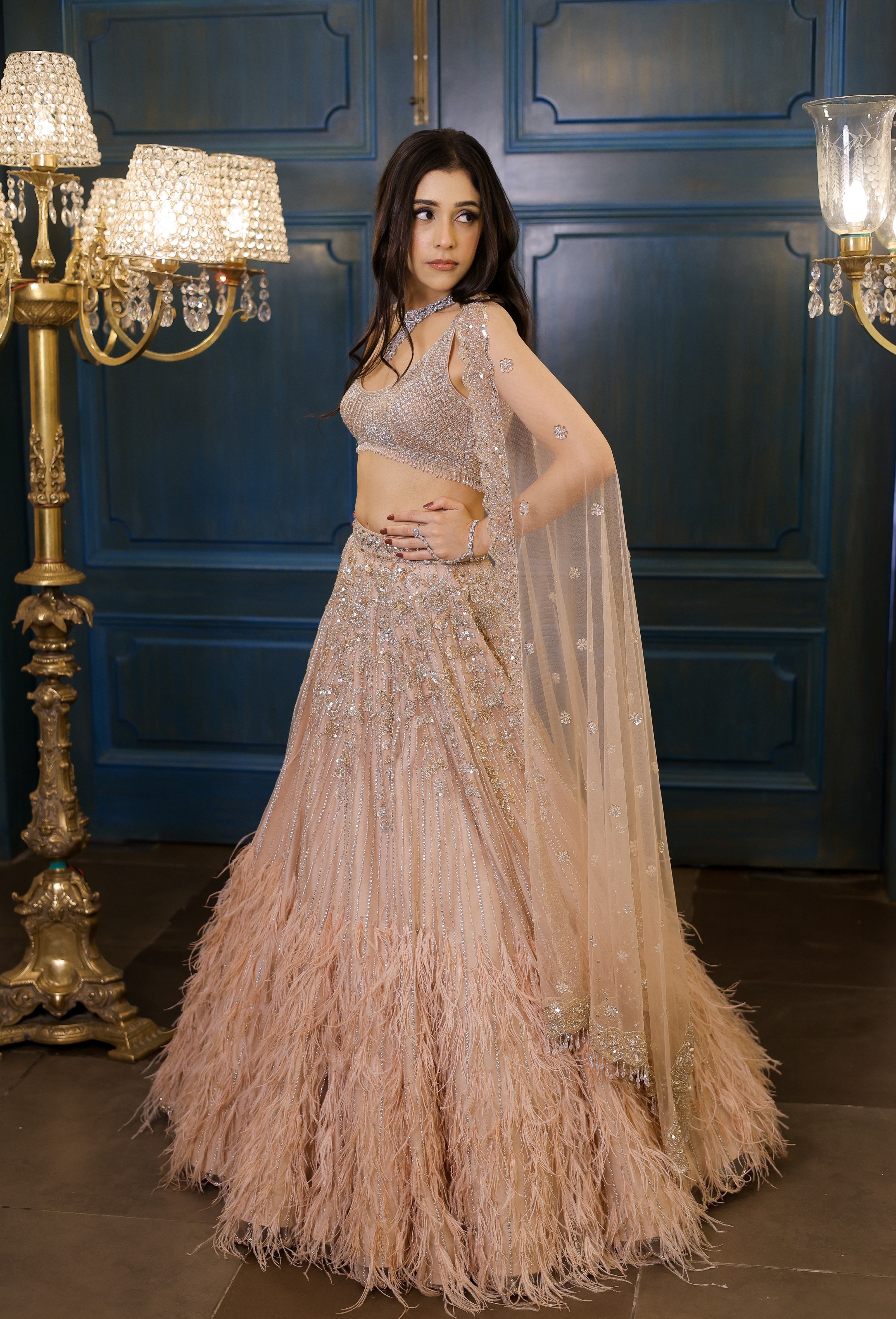 Light Gold Feather Lehenga
