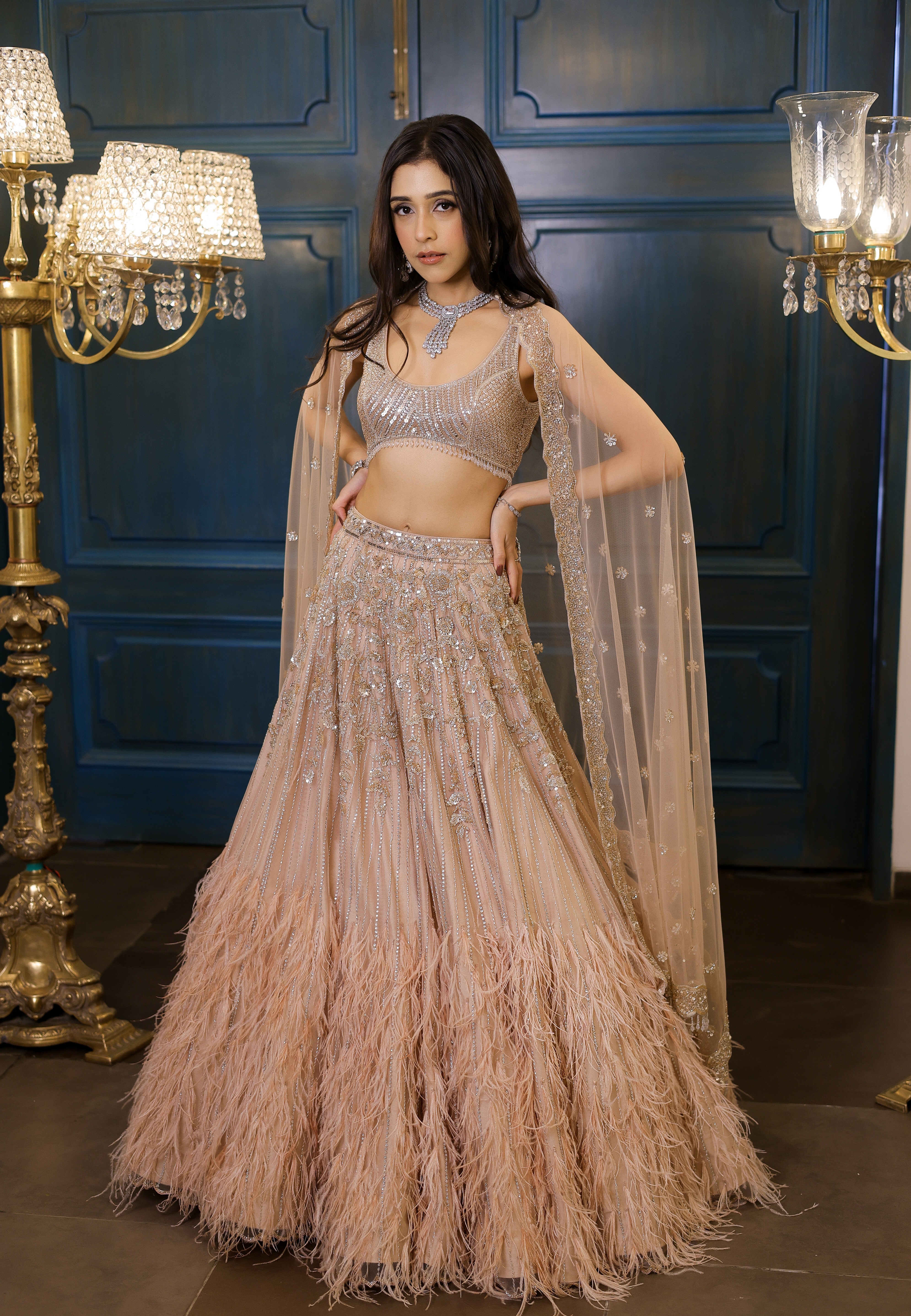 Light Gold Feather Lehenga