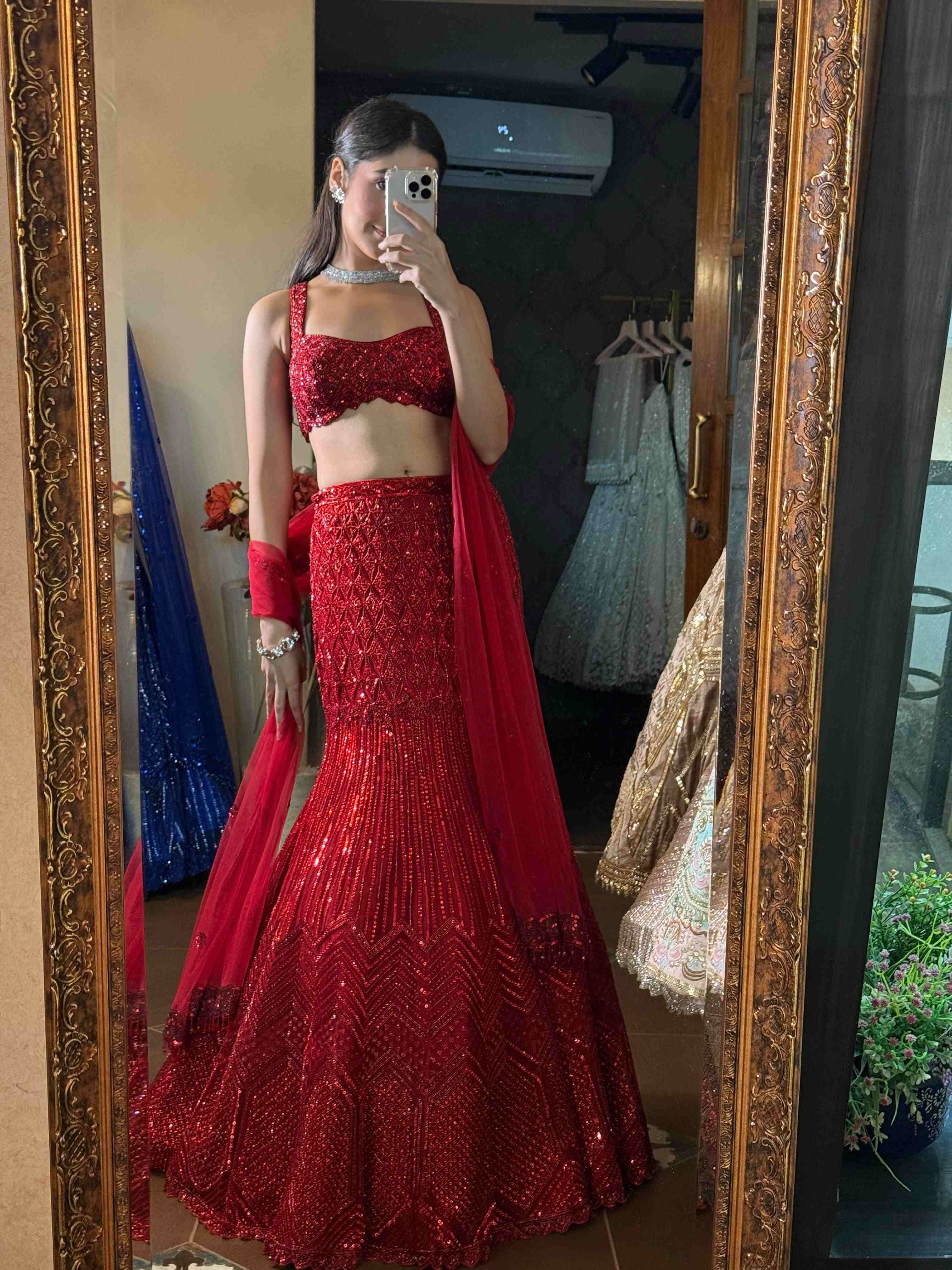 Red Caara Fishcut Lehenga