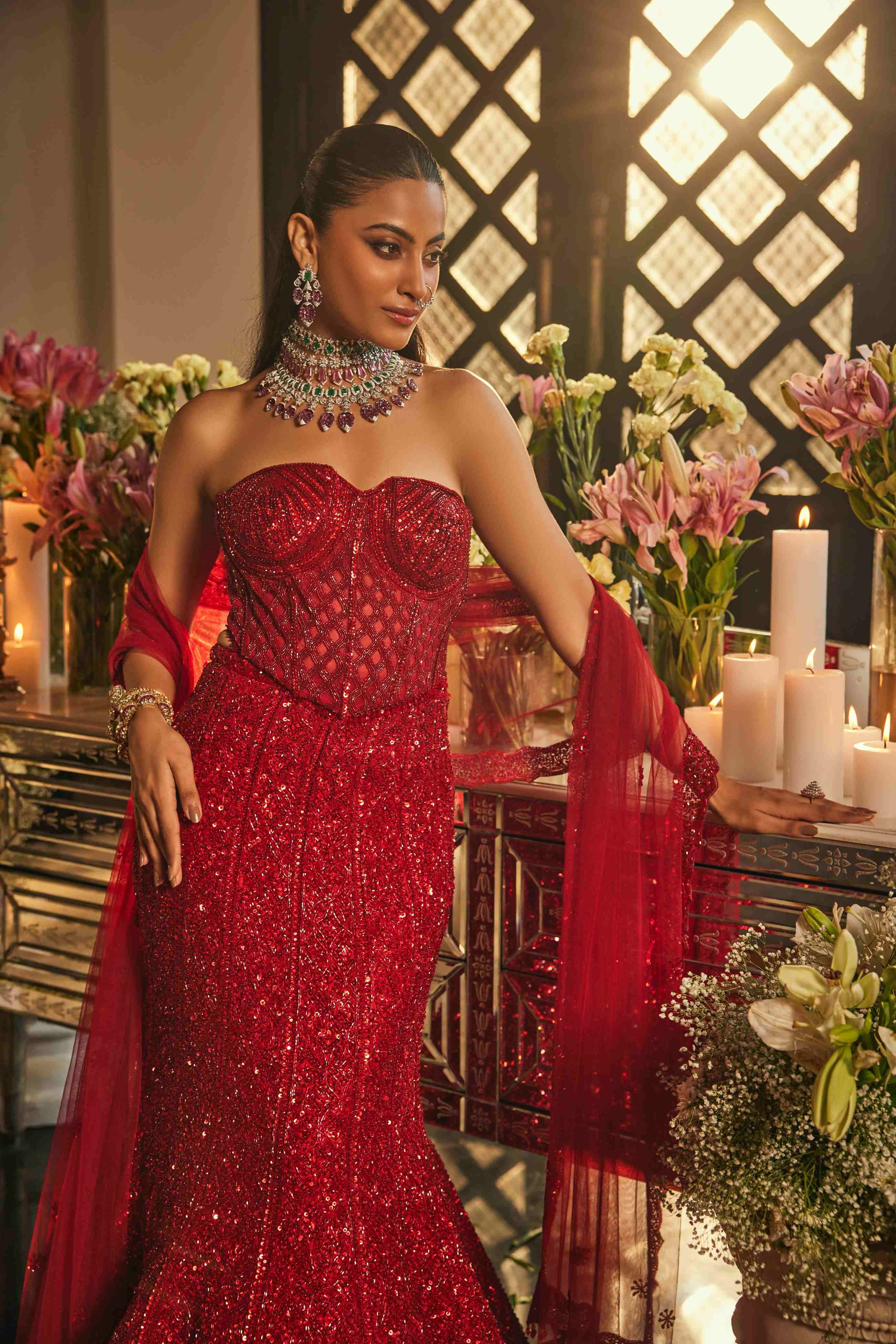 Scarlet Red Corset Lehenga
