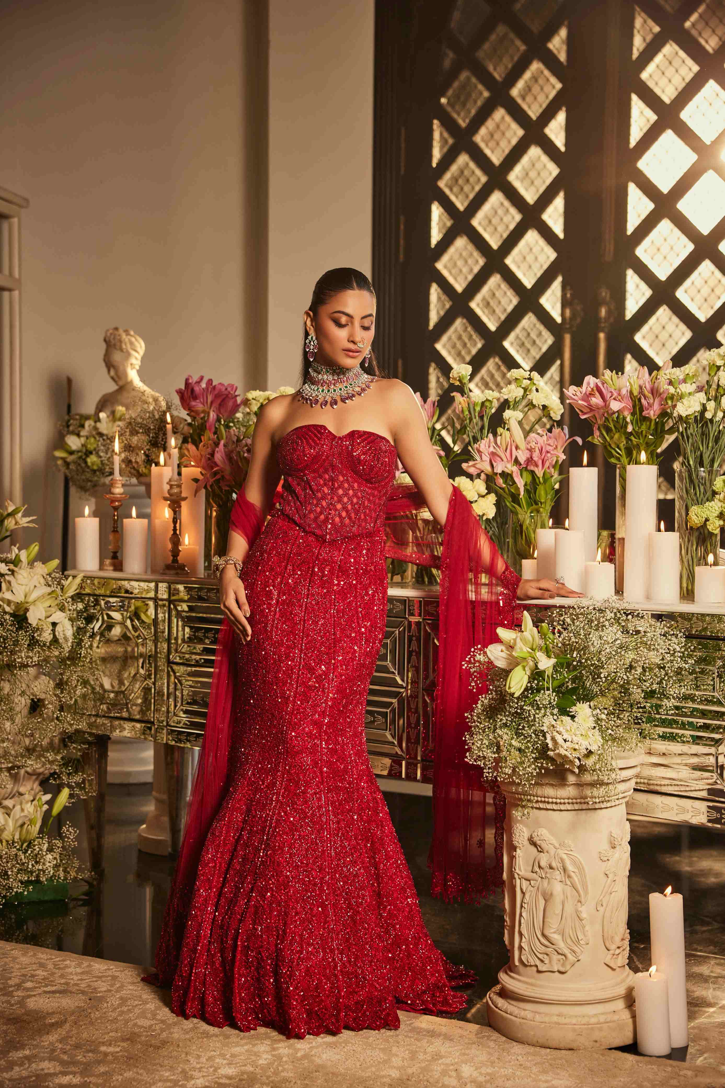 Scarlet Red Corset Lehenga