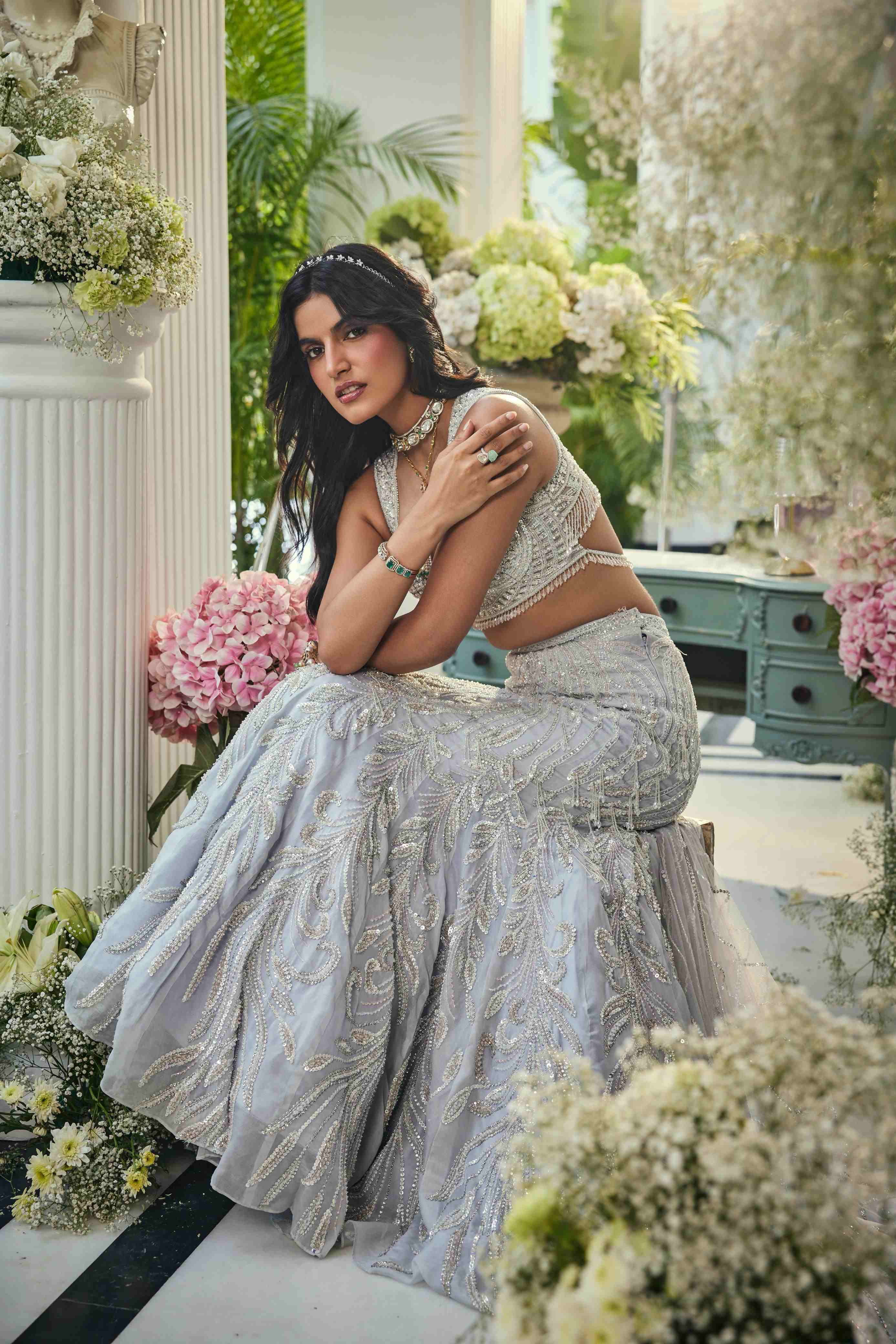 Ice blue fishcut lehenga