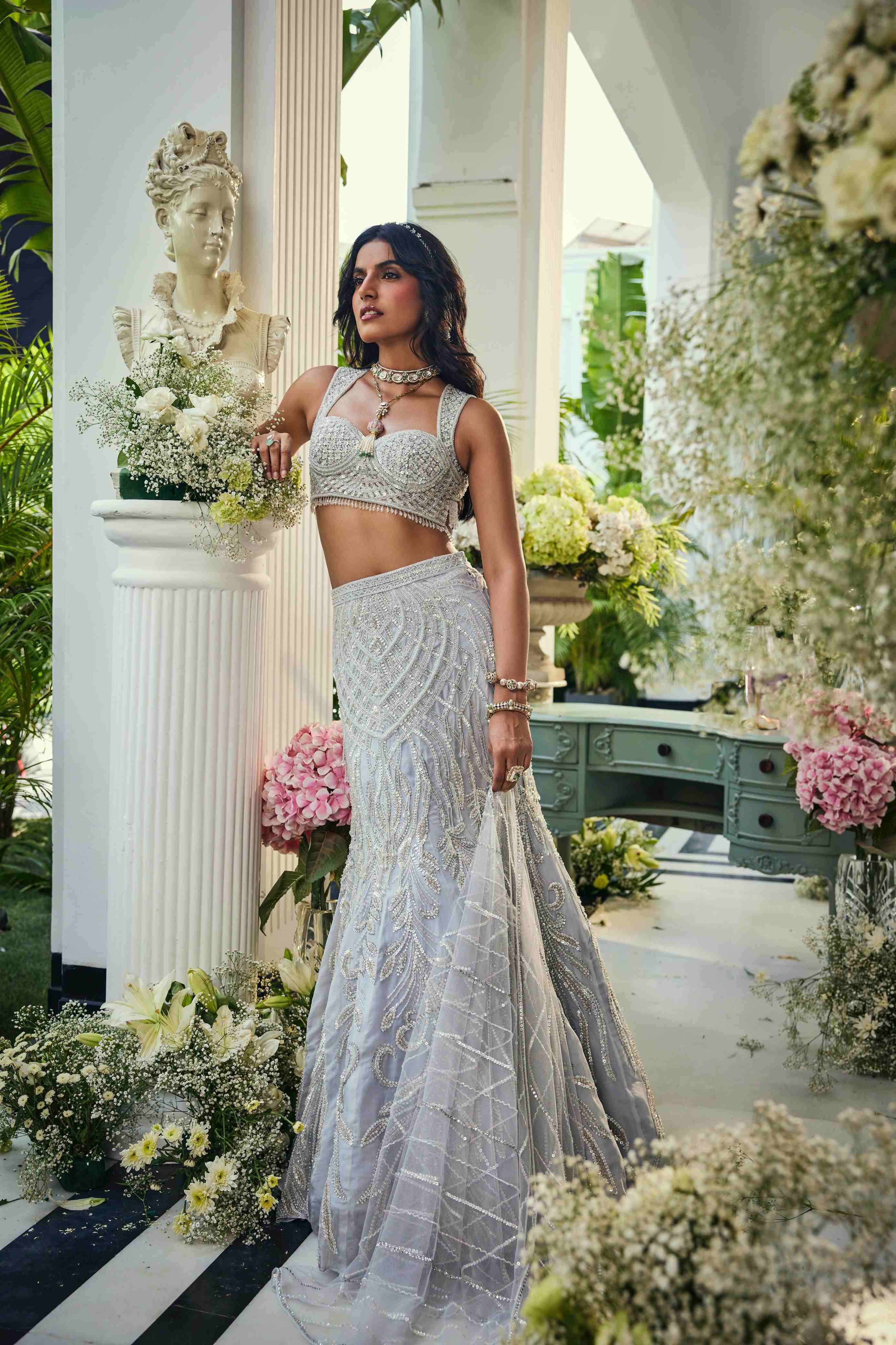 Ice blue fishcut lehenga