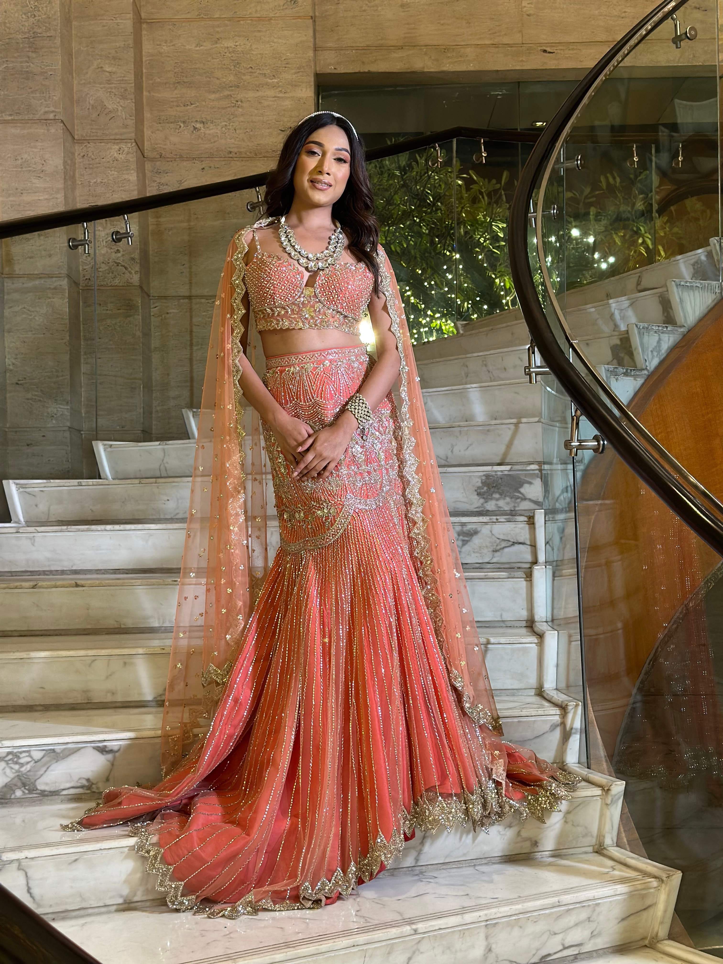Coral Fishcut Lehenga