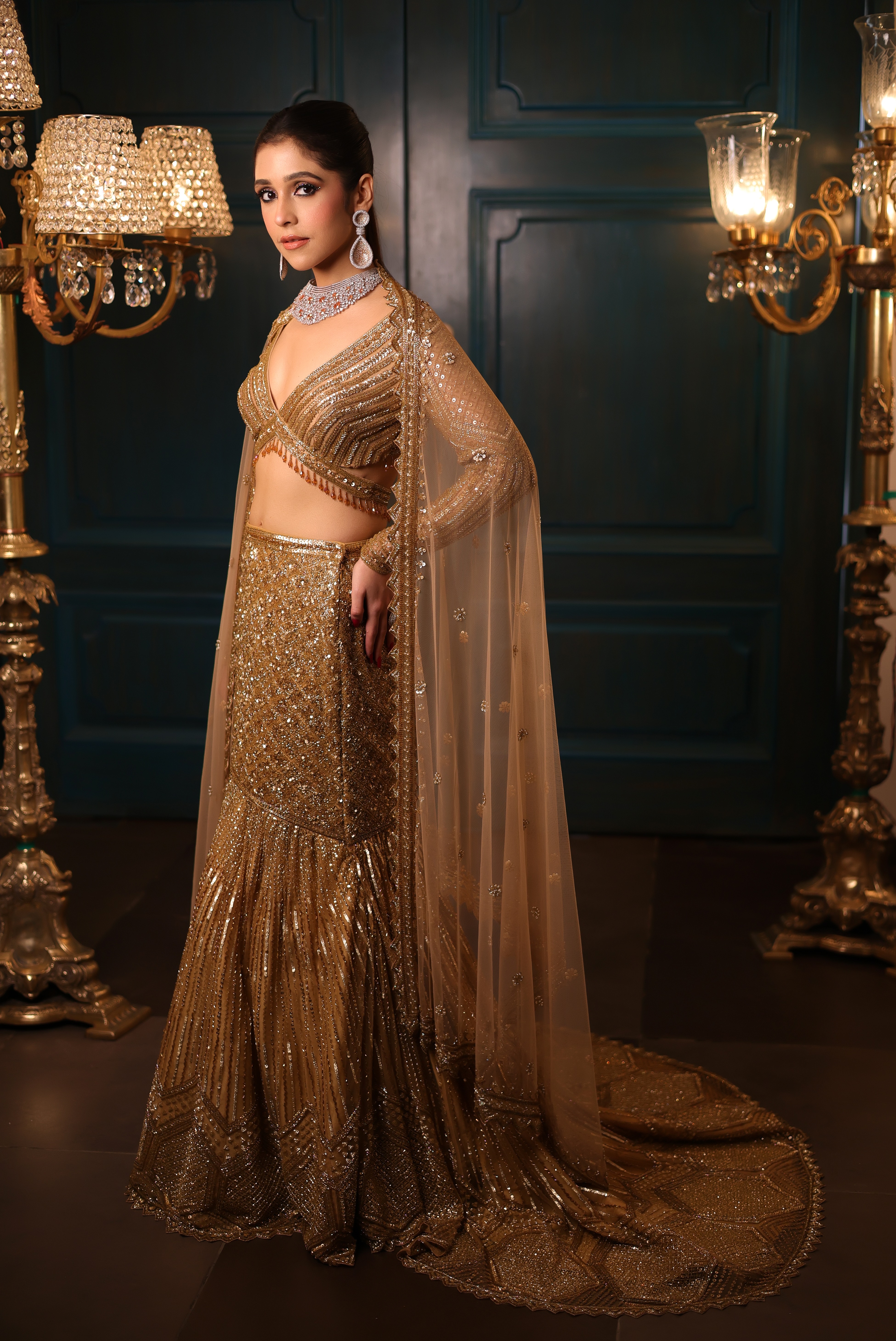 Gold Fishcut Lehenga with trail