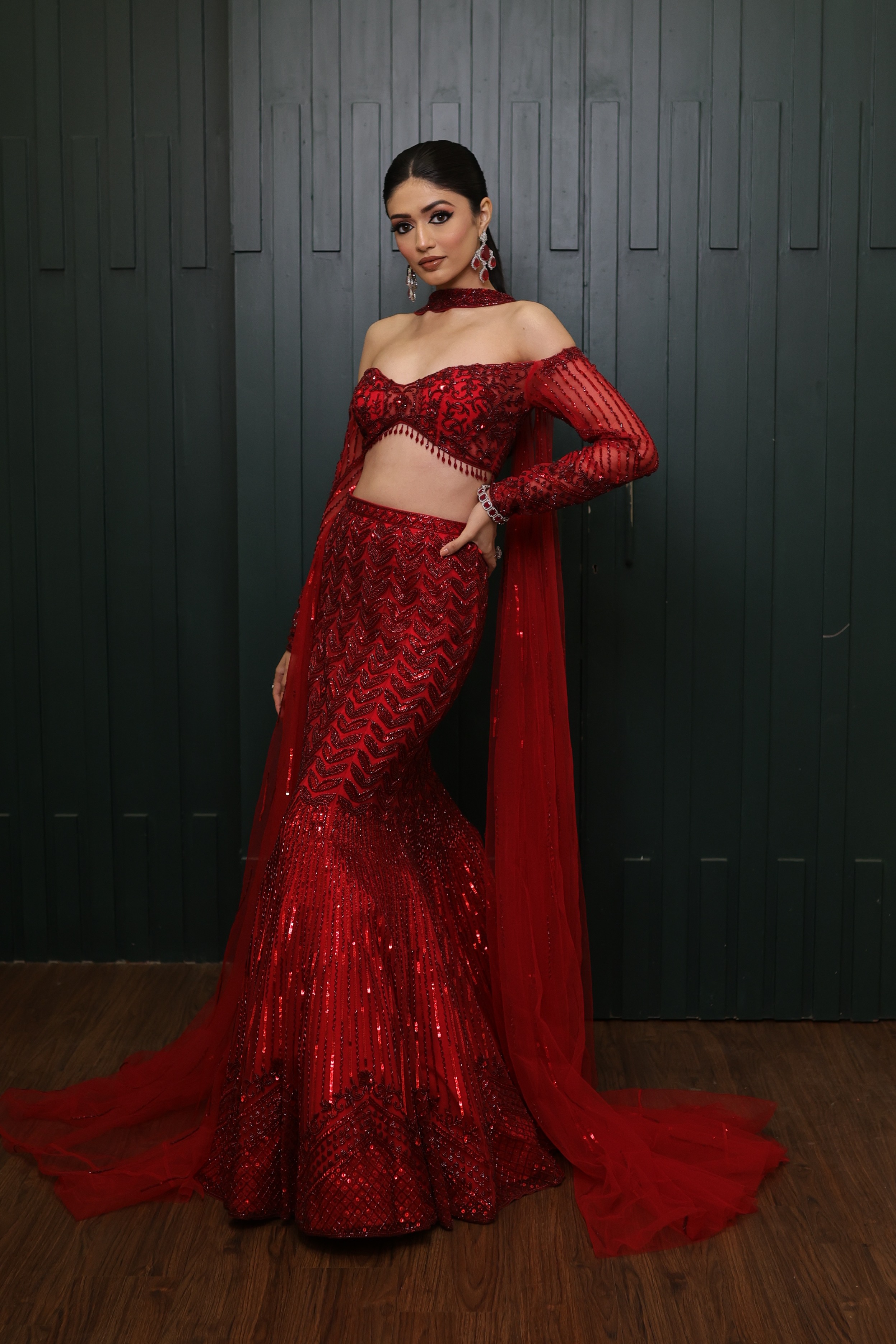 Deep Red Fishcut Lehenga