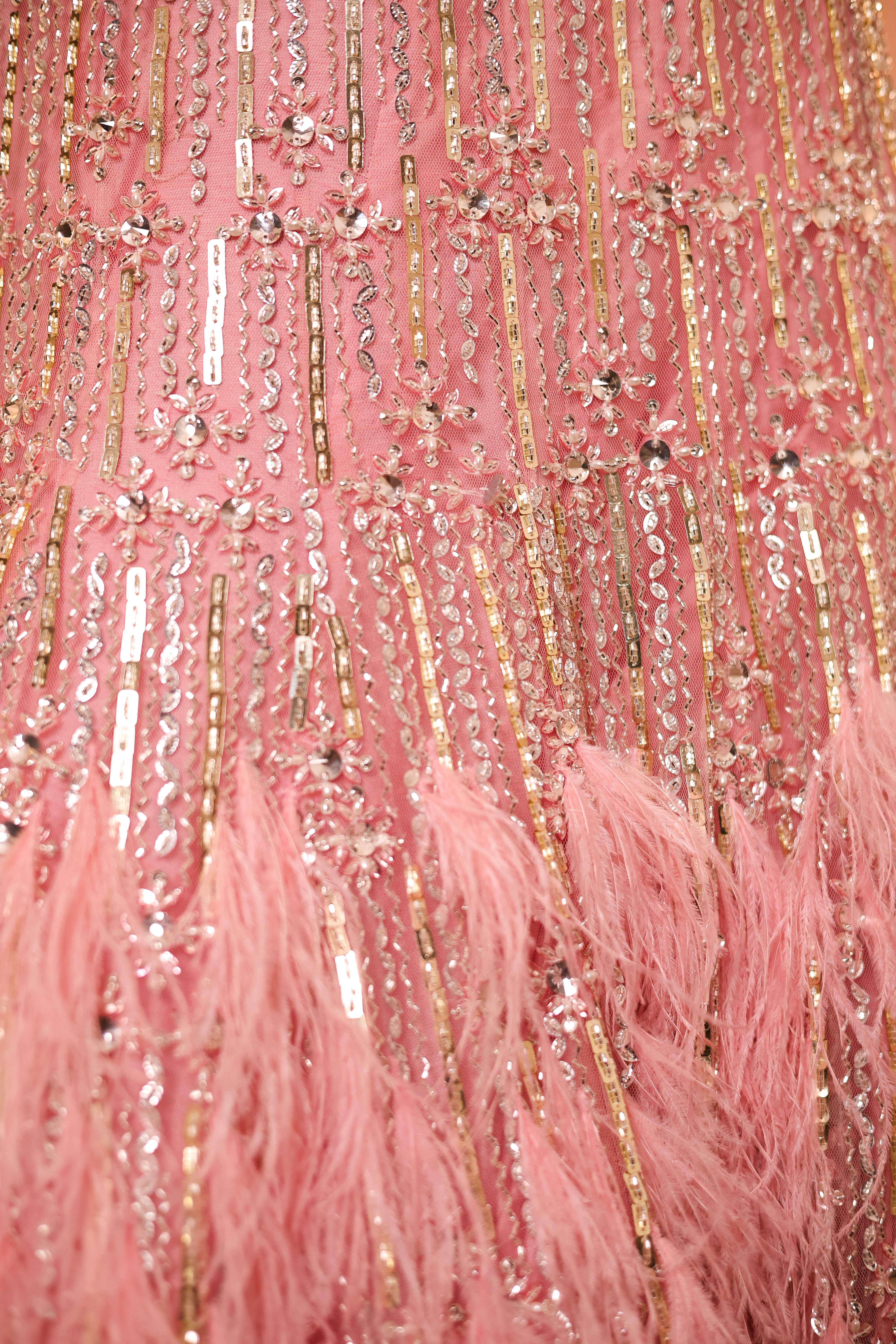 Pink feather fishcut lehenga