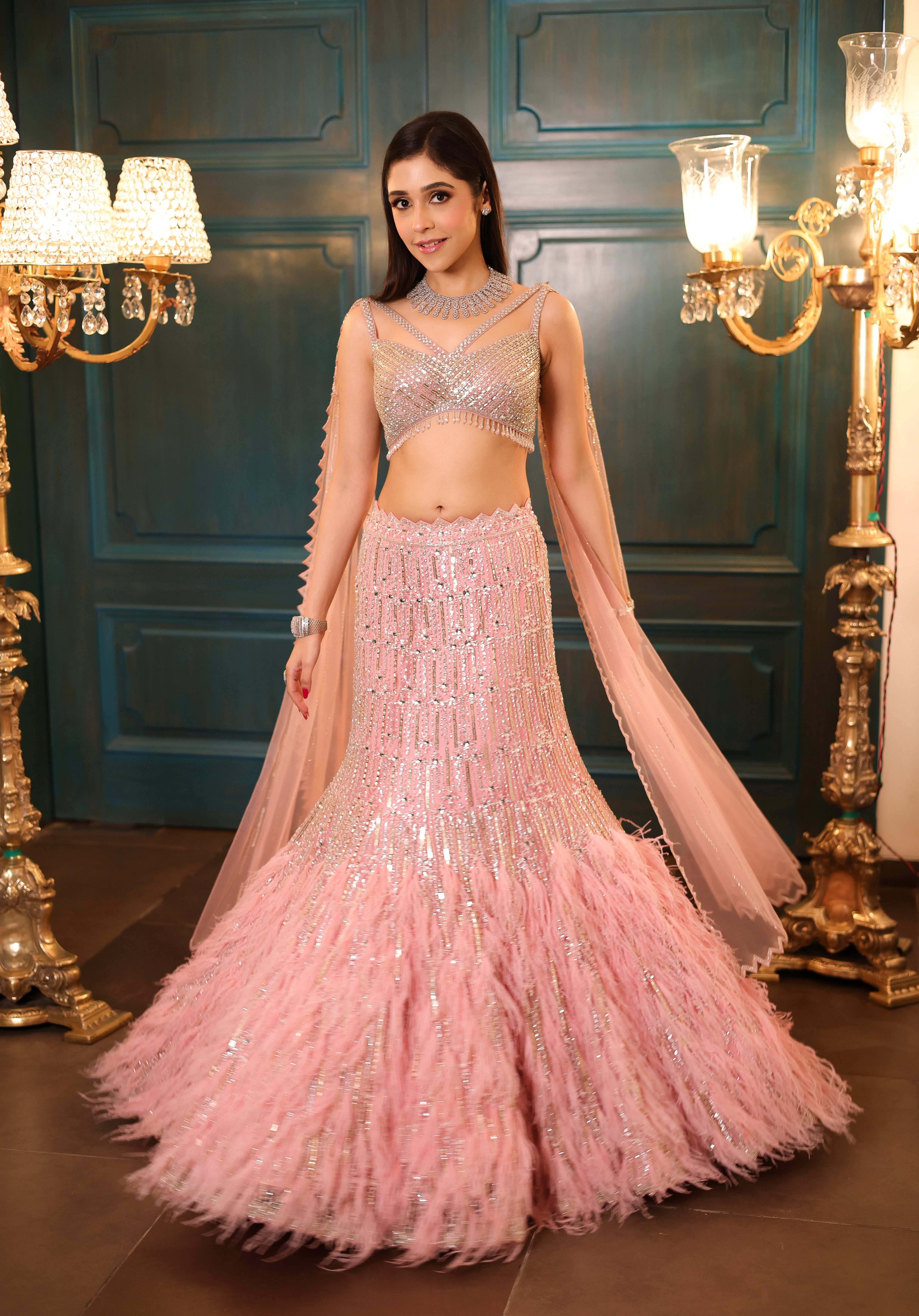 Pink feather fishcut lehenga
