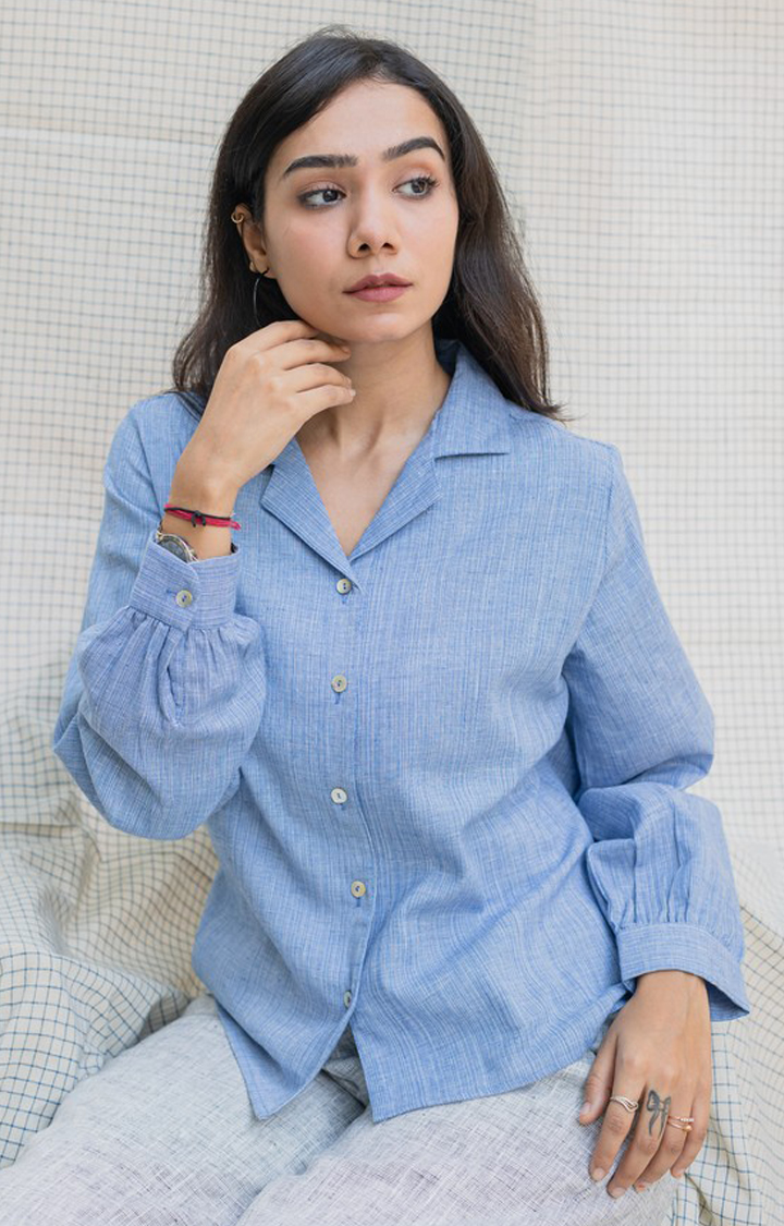 Women's Blue Cotton Solid Casual Shirt
