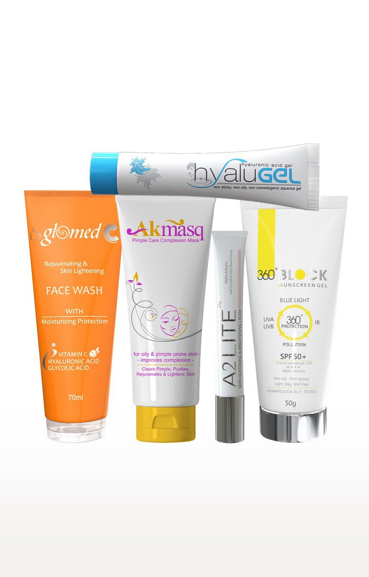Ideal Skincare Kit For Hyperpigmentation & Uneven Skin Tone - Glomed C Facewash, Akmasq, A2Lite Cream , Hyalugel, 360 Block Sunscreen With Freebie Of Lipz-Lips Moisturizer Spf-15