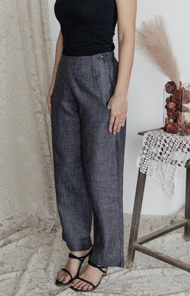 Women's Grey Linen Melange Trousers